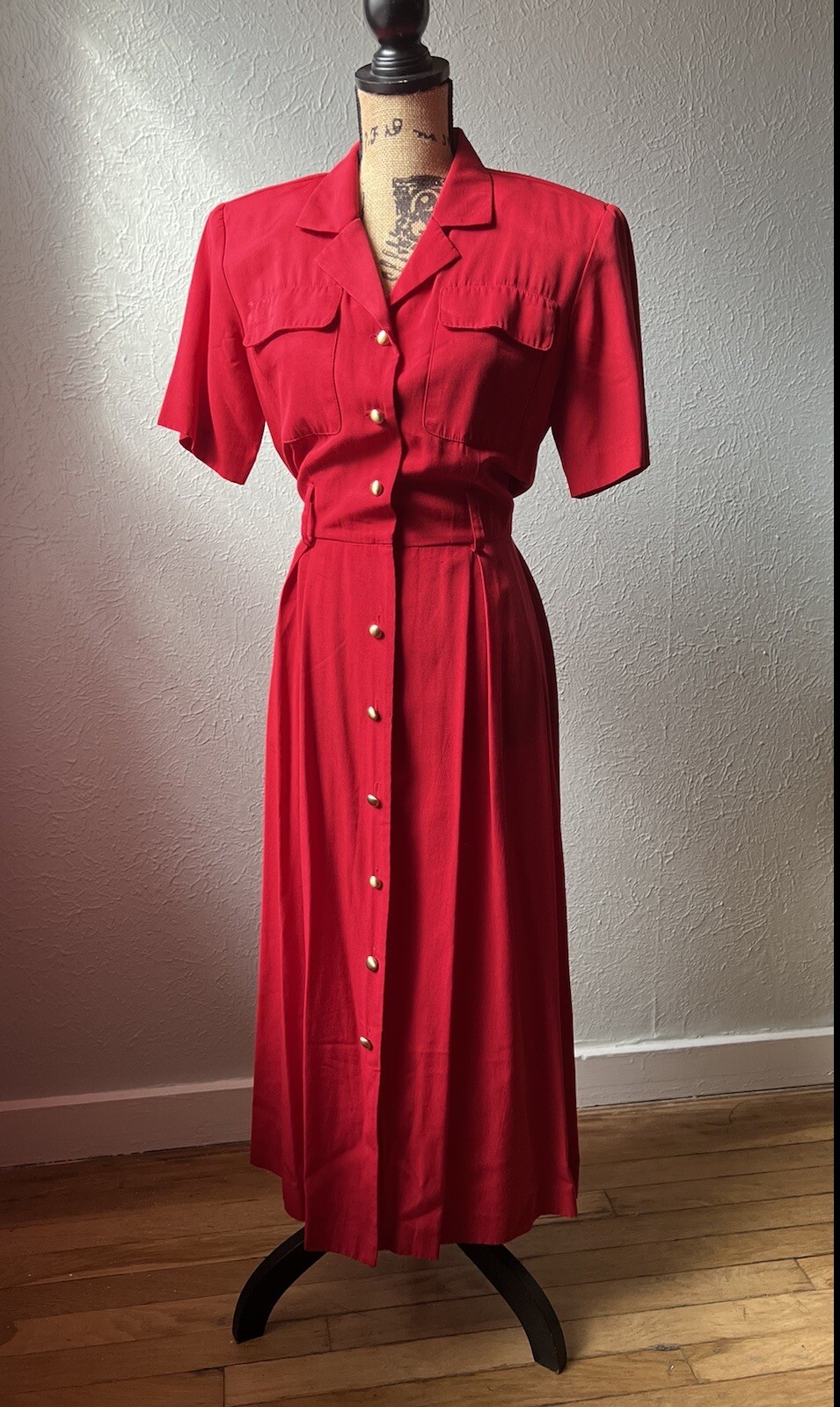 1980s Lipstick Red Button-Up Shirt Dress S M 80s Stranger Things Secretary Retro