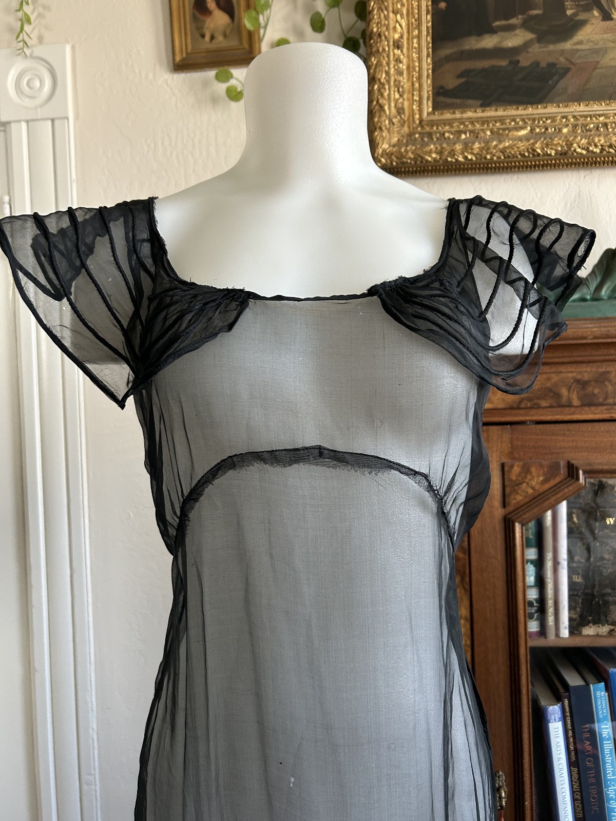 Vintage 1930s Sheer Black Mesh Net Gown Dress Bolero Set Bias Cut Deco Maxi S/M
