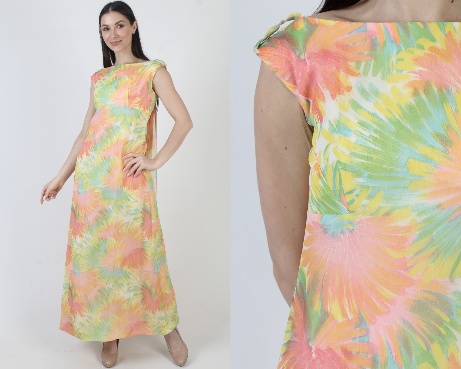 Vintage House Of Bianchi Dress Floral Chiffon Train Capelet 60s Cocktail Party