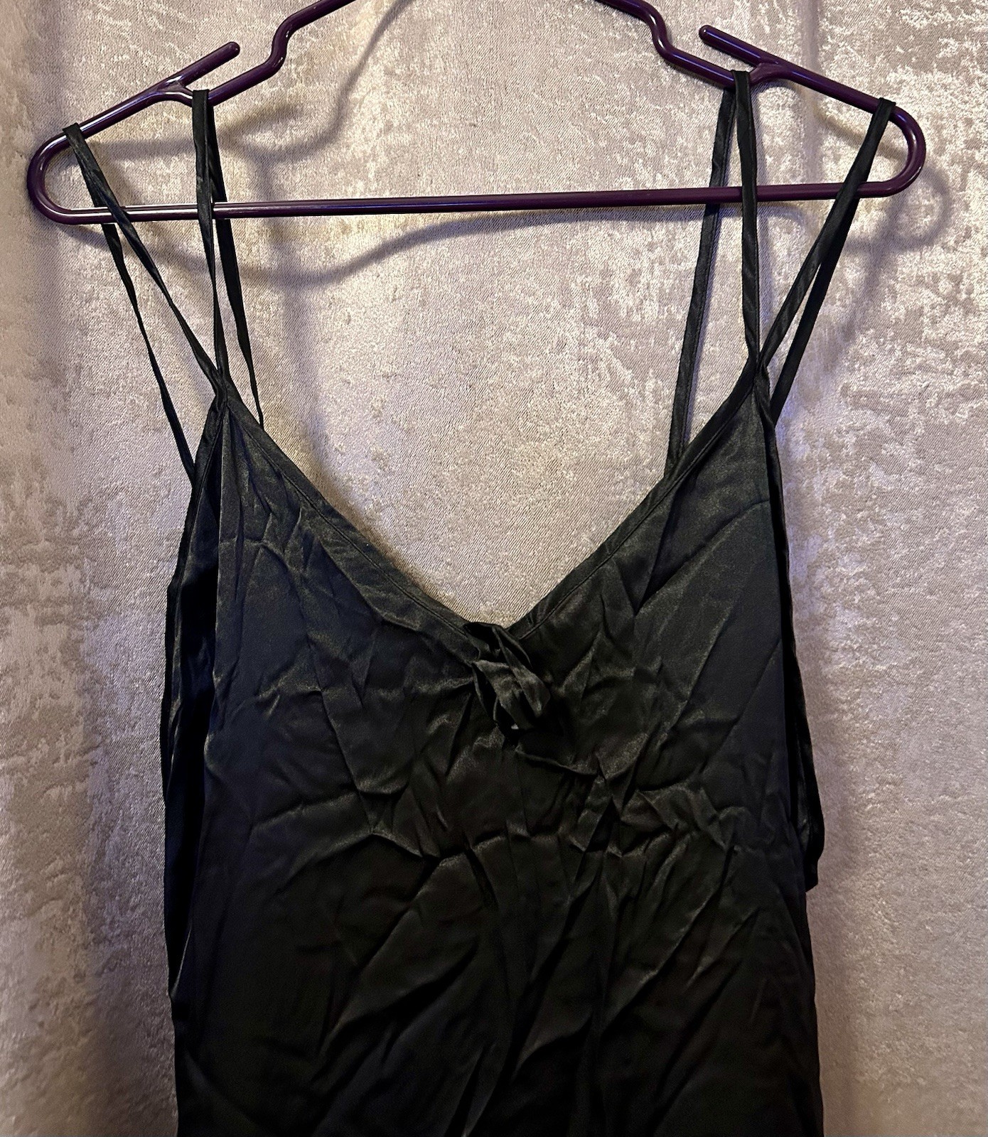 Vintage Black Nylon Maxi Slip Dress Nightgown Rosette Spaghetti Strap Whimsygoth