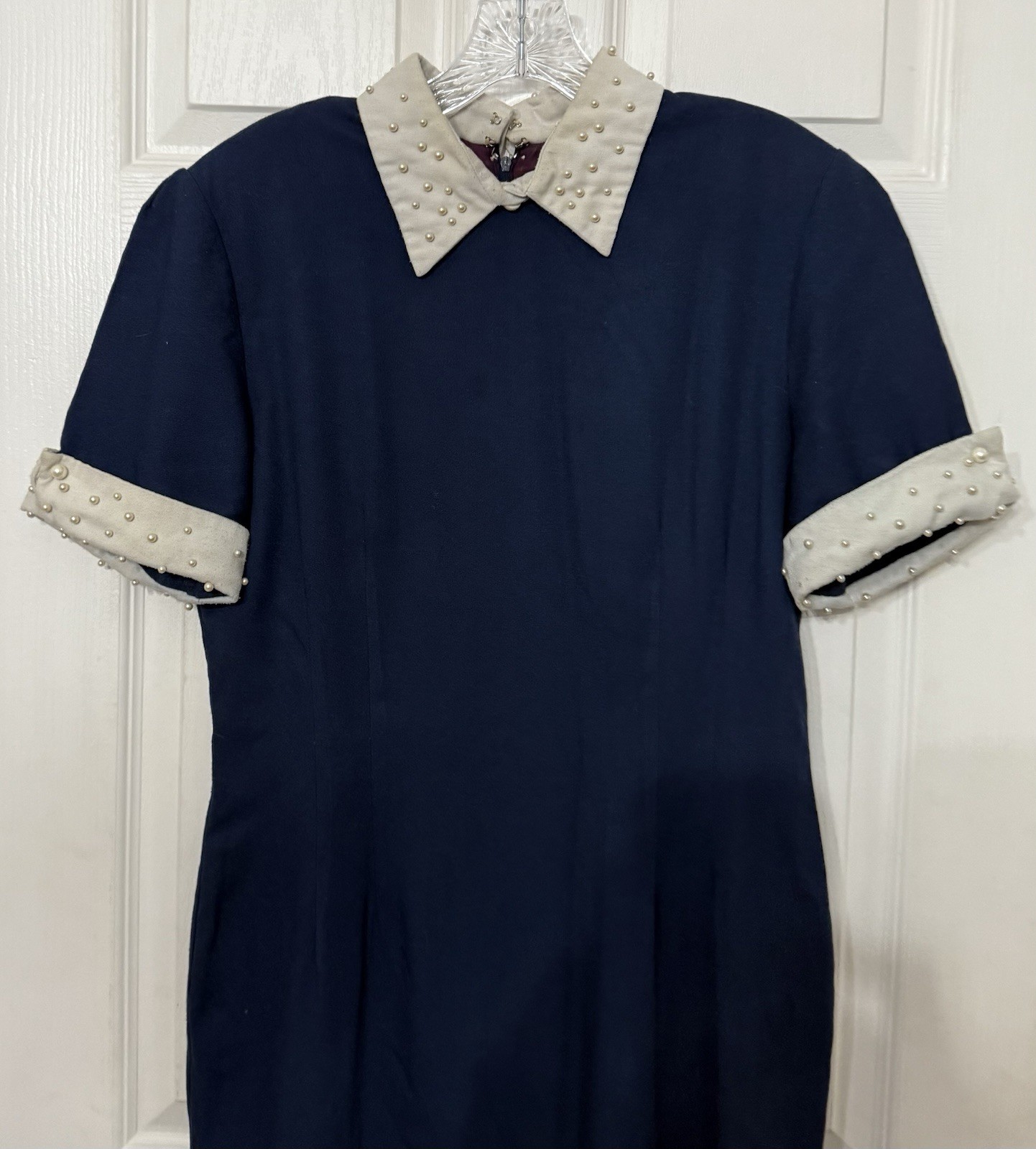 VTG Misty Lane Retro Collar Dress Sz 11/12 Beaded Faux Pearls 80s Blue & White