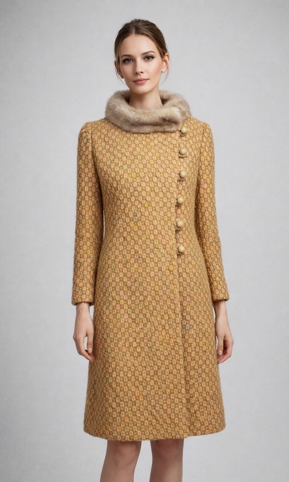 VTG 1950s 1960s Bouclé Bubble Wool Coat Mink Collar Sculptural Mod Princess M