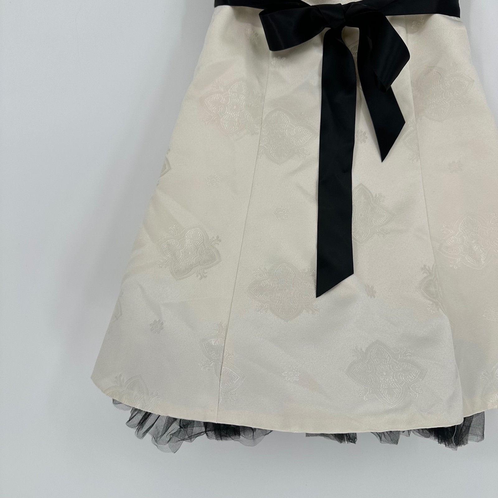 VTG Caché Ivory Satin Floral Mini A-Line Cocktail Party Dress Strapless Belted 4