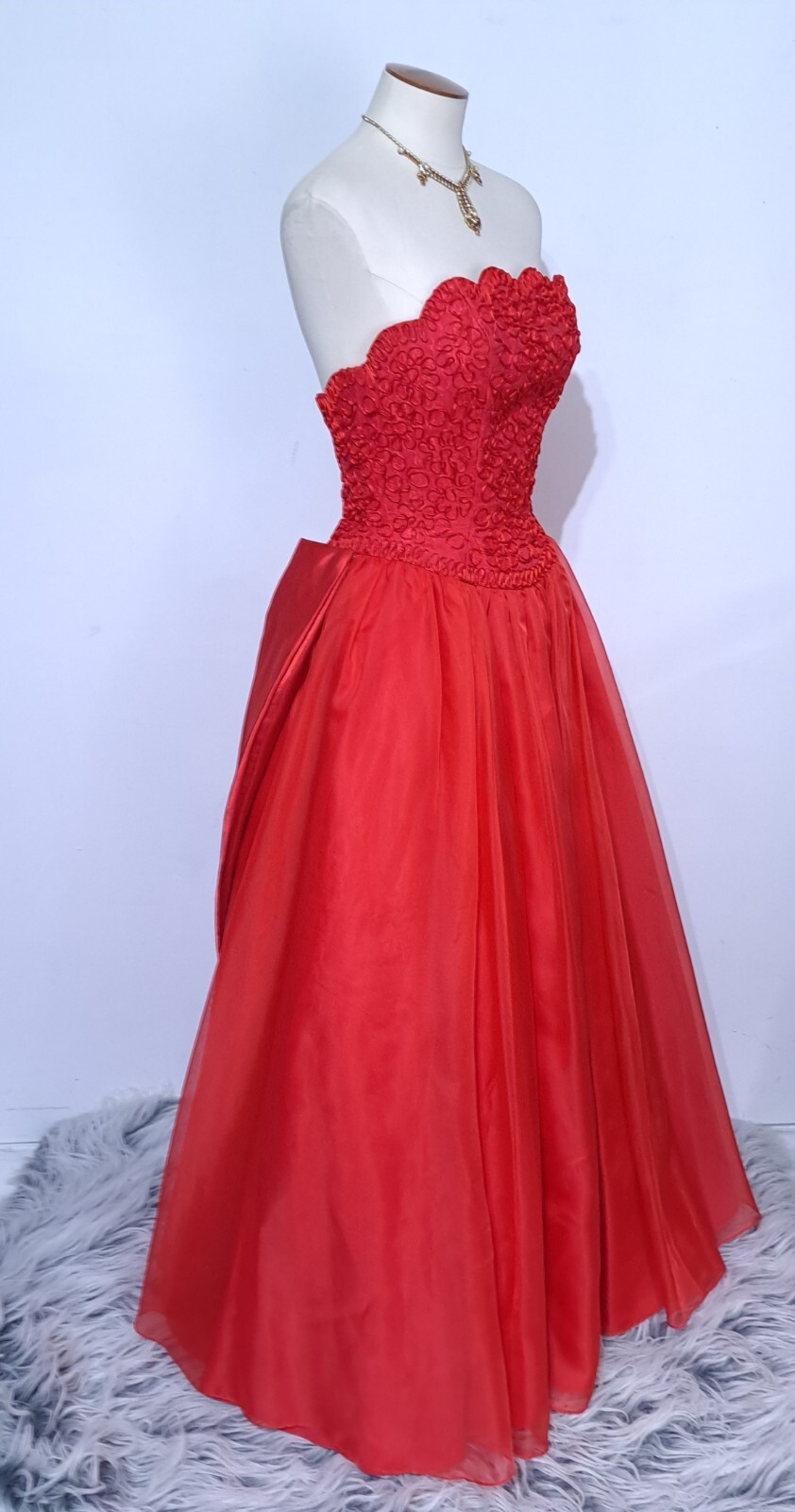 Vintage Red Strapless Party Dress Gown Huge Skirt Rosettes Draped Sz S Soutache