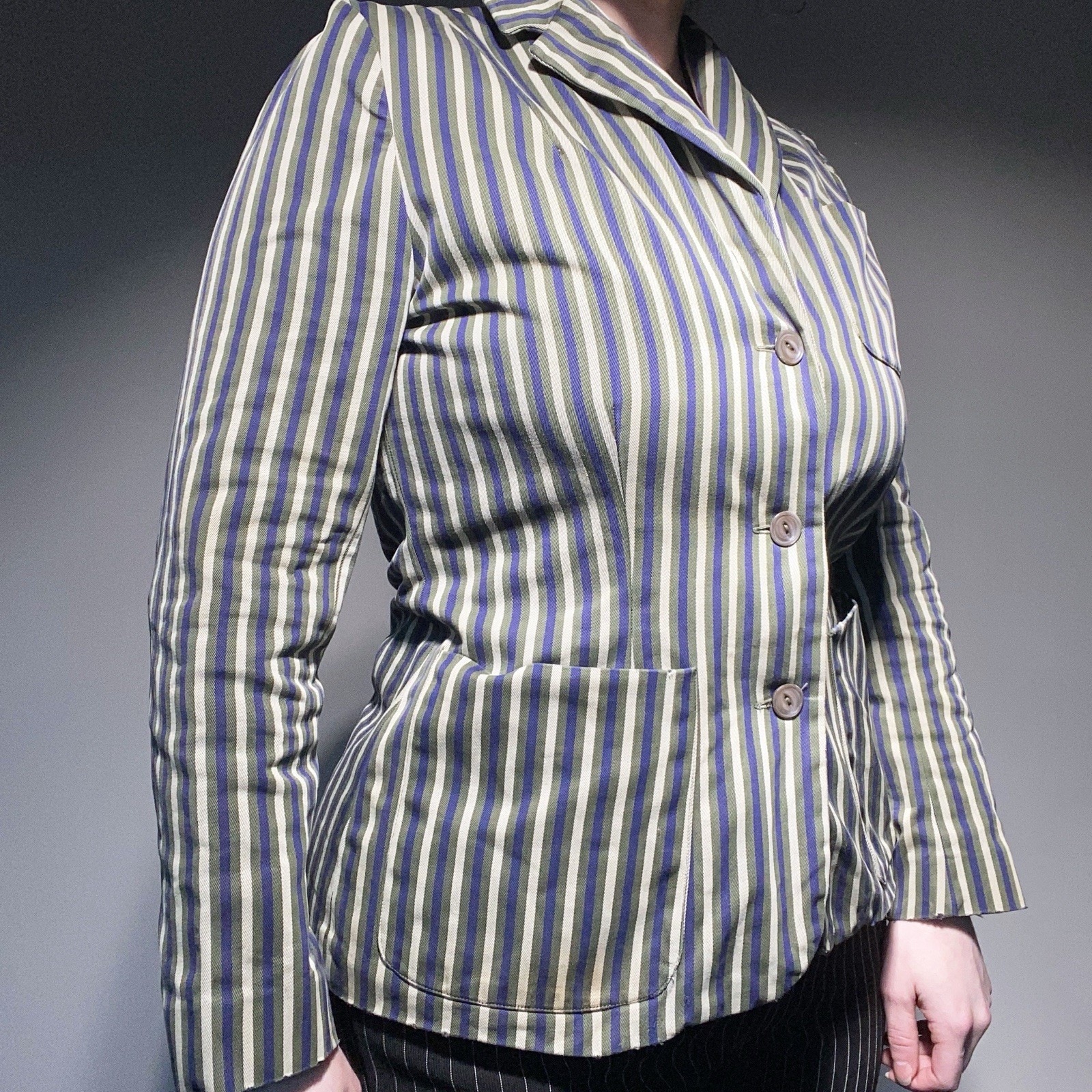 Vintage 40s Florence Walsh Green/Blue/Creme Striped Button Up Chore Blazer S