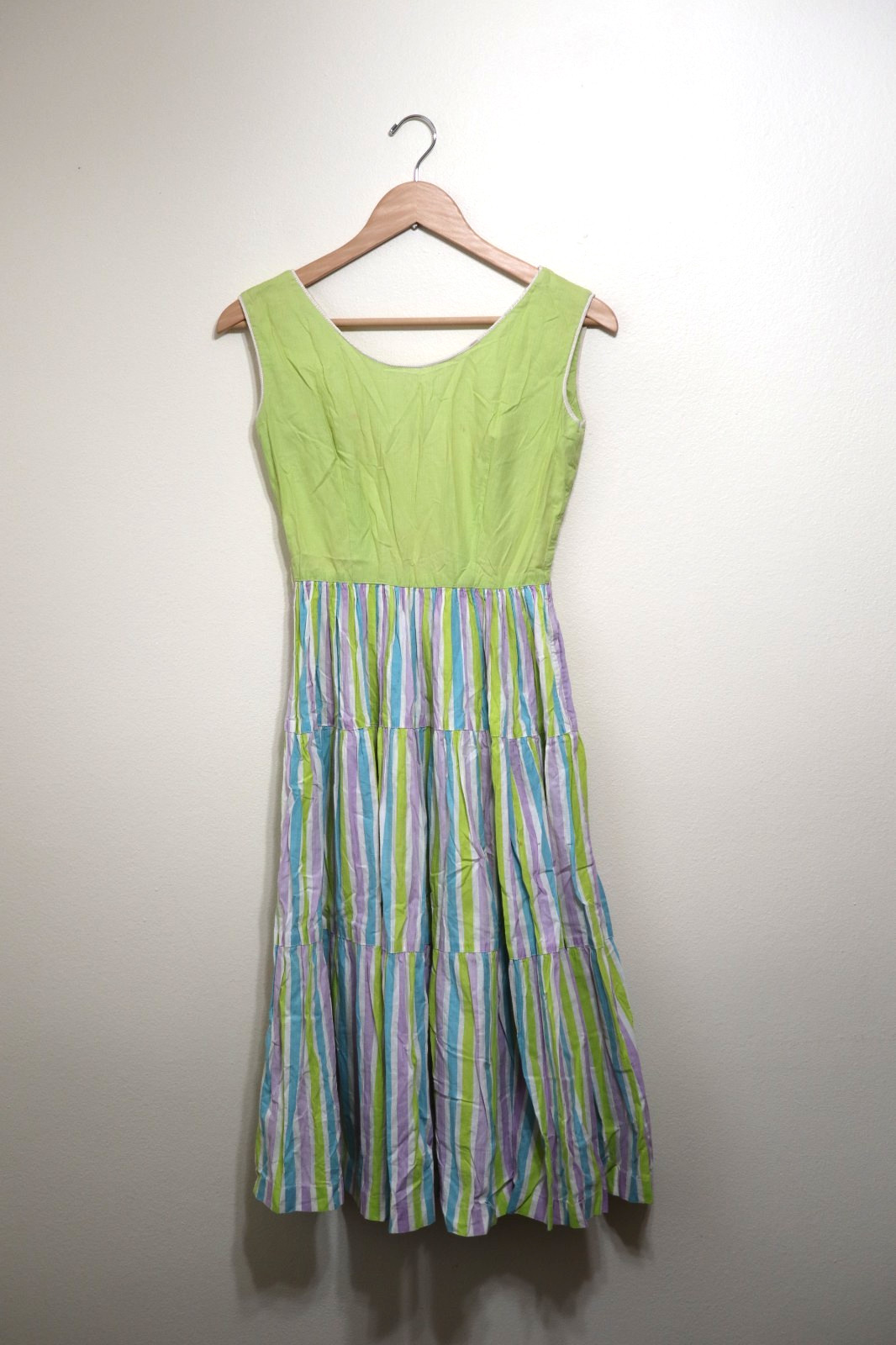 50s Abby Kent Chartreuse Stripe Sleeveless Tiers Full Skirt Day Dress Women XS 0