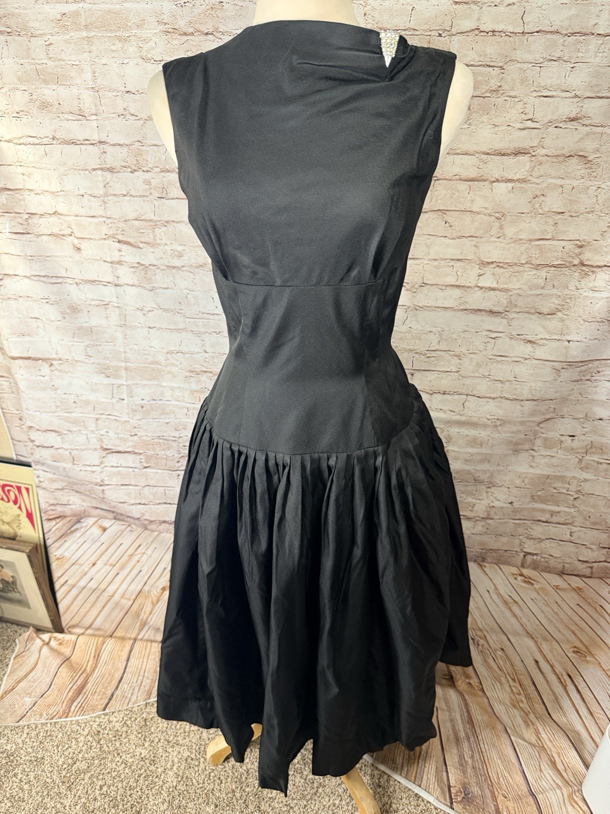 Vintage 50’s Pin Up Couture Dress Full Skirted Black Classic Hepburn Style S/M