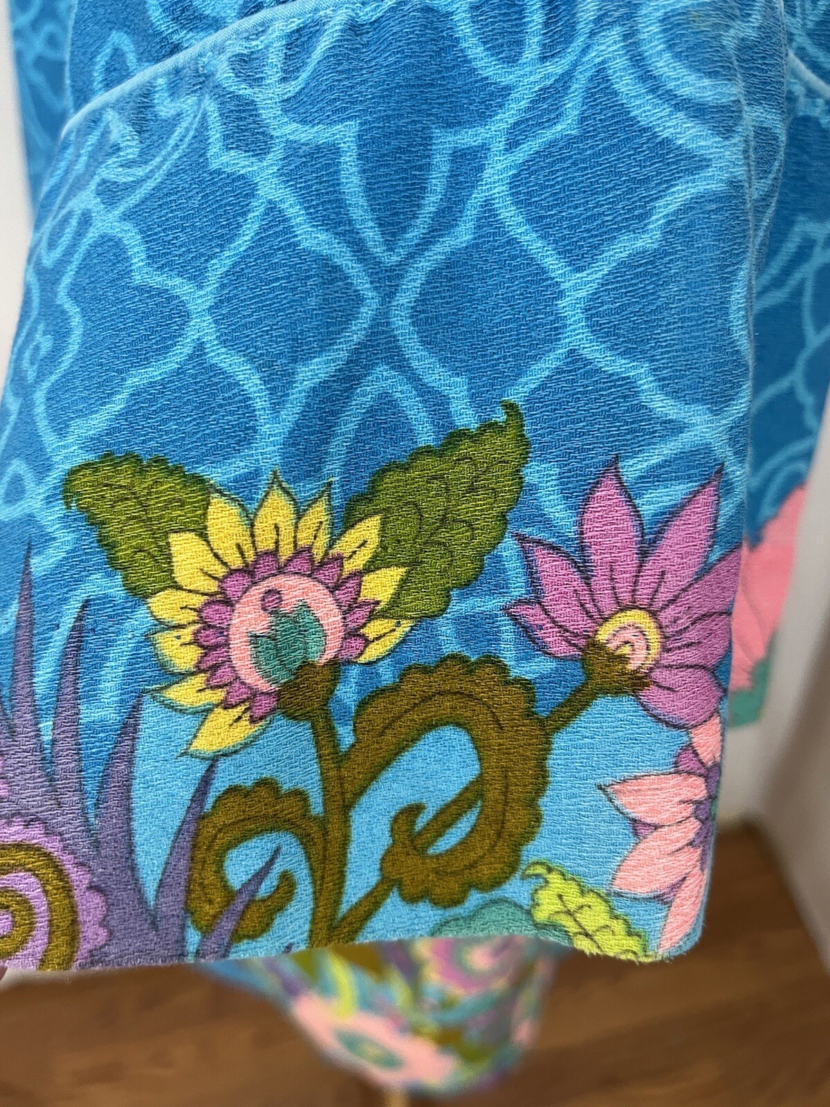 60s Lorraine Robe Barkcloth M Bright Colorful Floral Flaws READ Description Mod