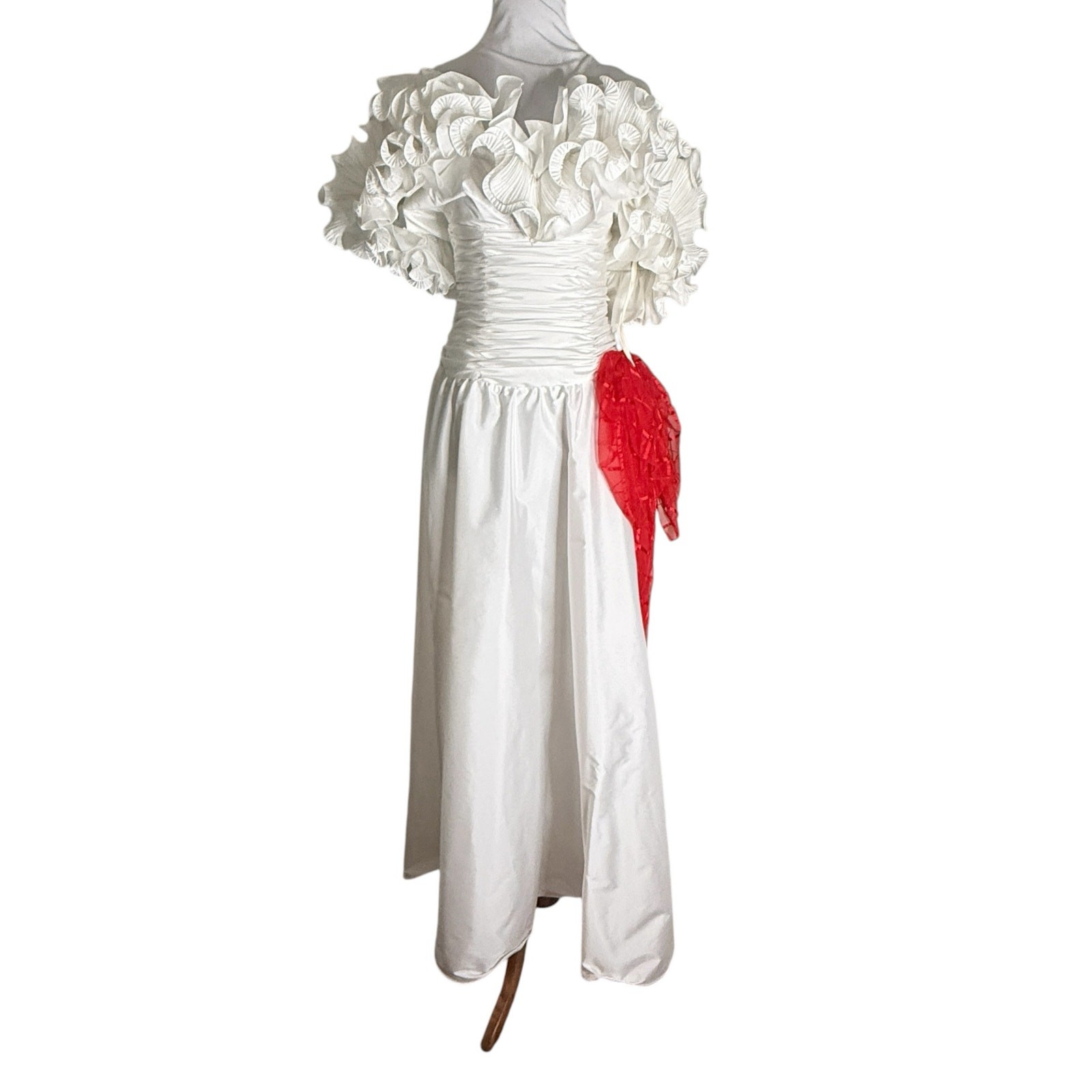Vintage 80s Alyce Designs White Taffeta Ruffle Prom Formal Dress XS