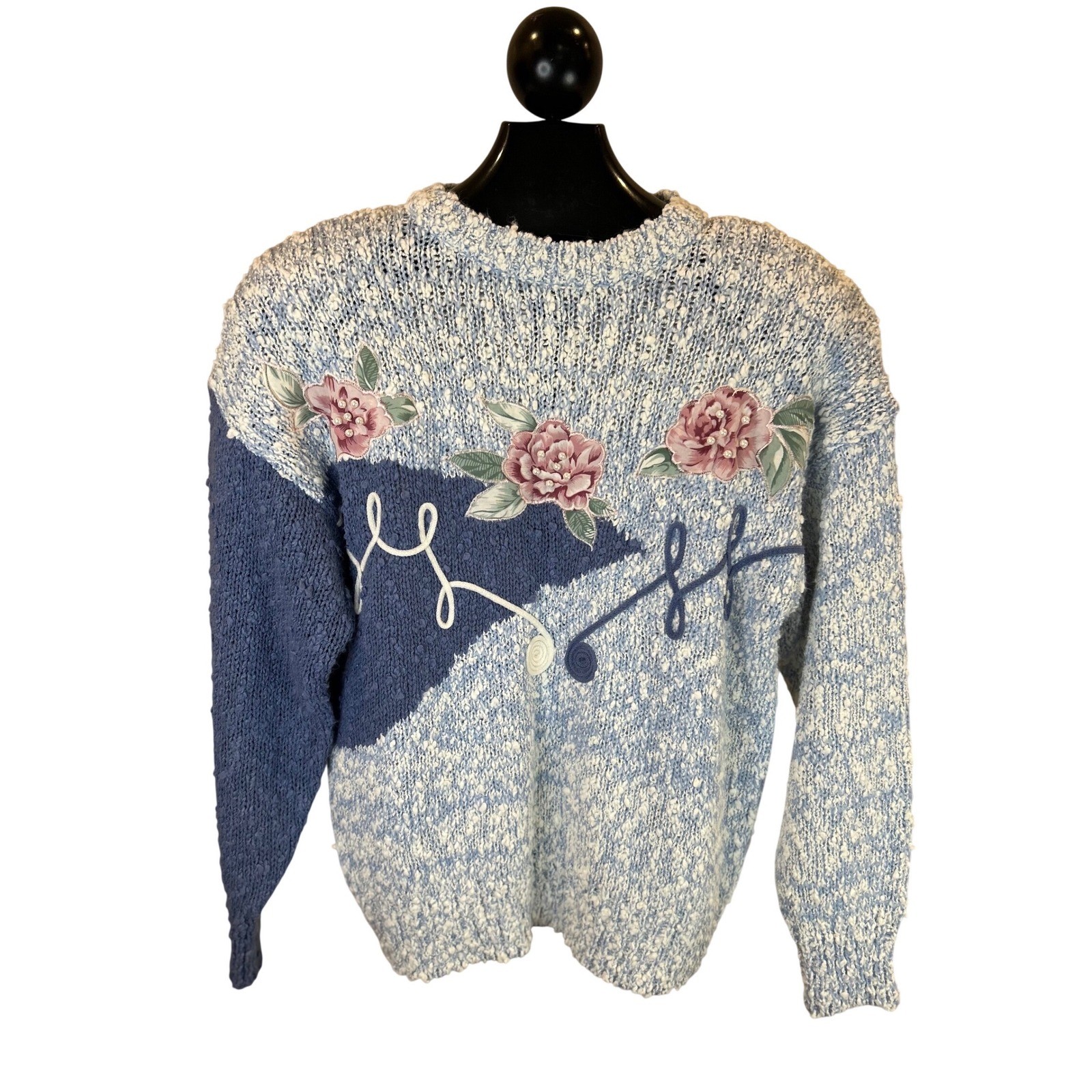 Hunters Glen Vintage Floral Applique Beaded Marled Knit Sweater Blue Womens M