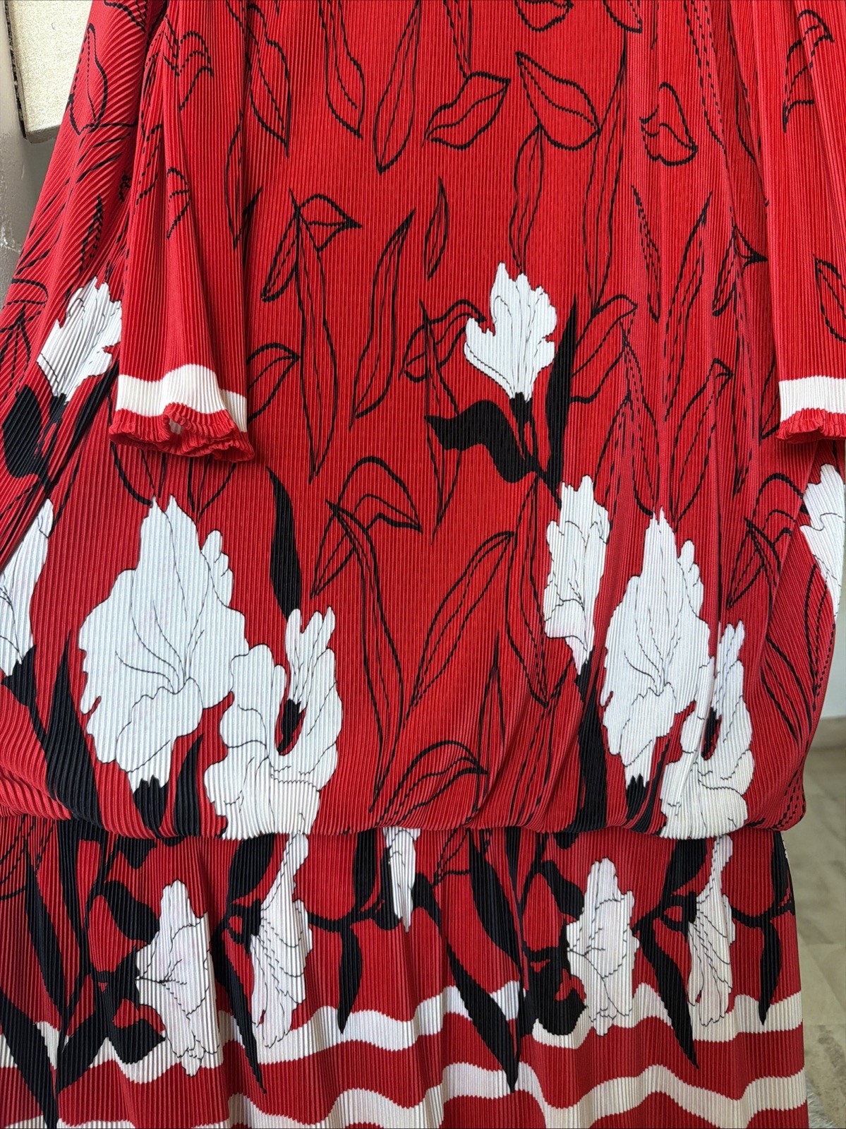 Vintage 80s Virginie Paris Red Floral Pleated Drop Waist Dress (Made In France)