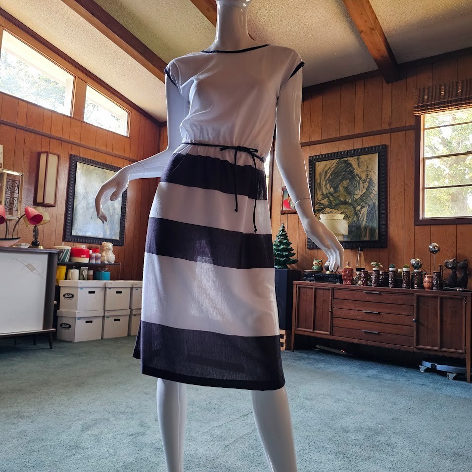 Vtg 70s 80s Chic Disco Striped Ringer Sheer Shirtwaist Casual T-Shirt Dress XS/S