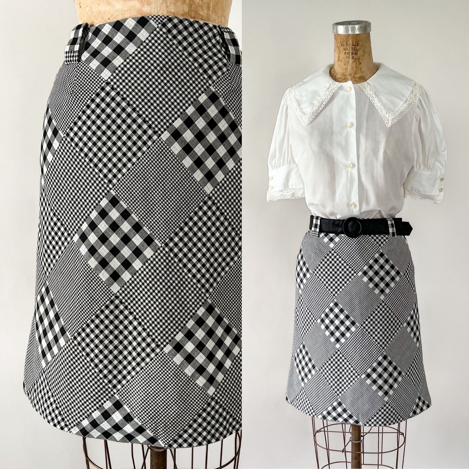 VTG 1960s Jonathan Logan Black White Patchwork Plaid Cotton Mini Pencil Skirt XS