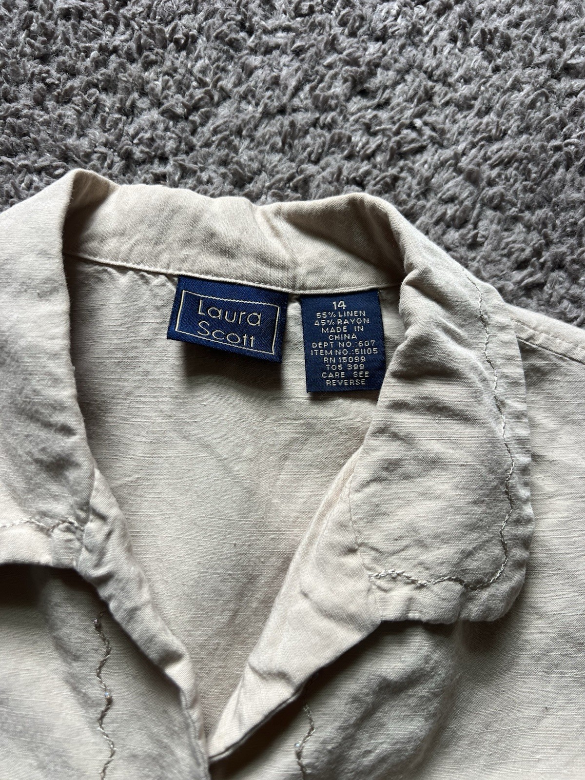 Vintage Y2K 90s Shirt Size 14 Ivory Sleeveless Embroidered Beaded Linen Rayon