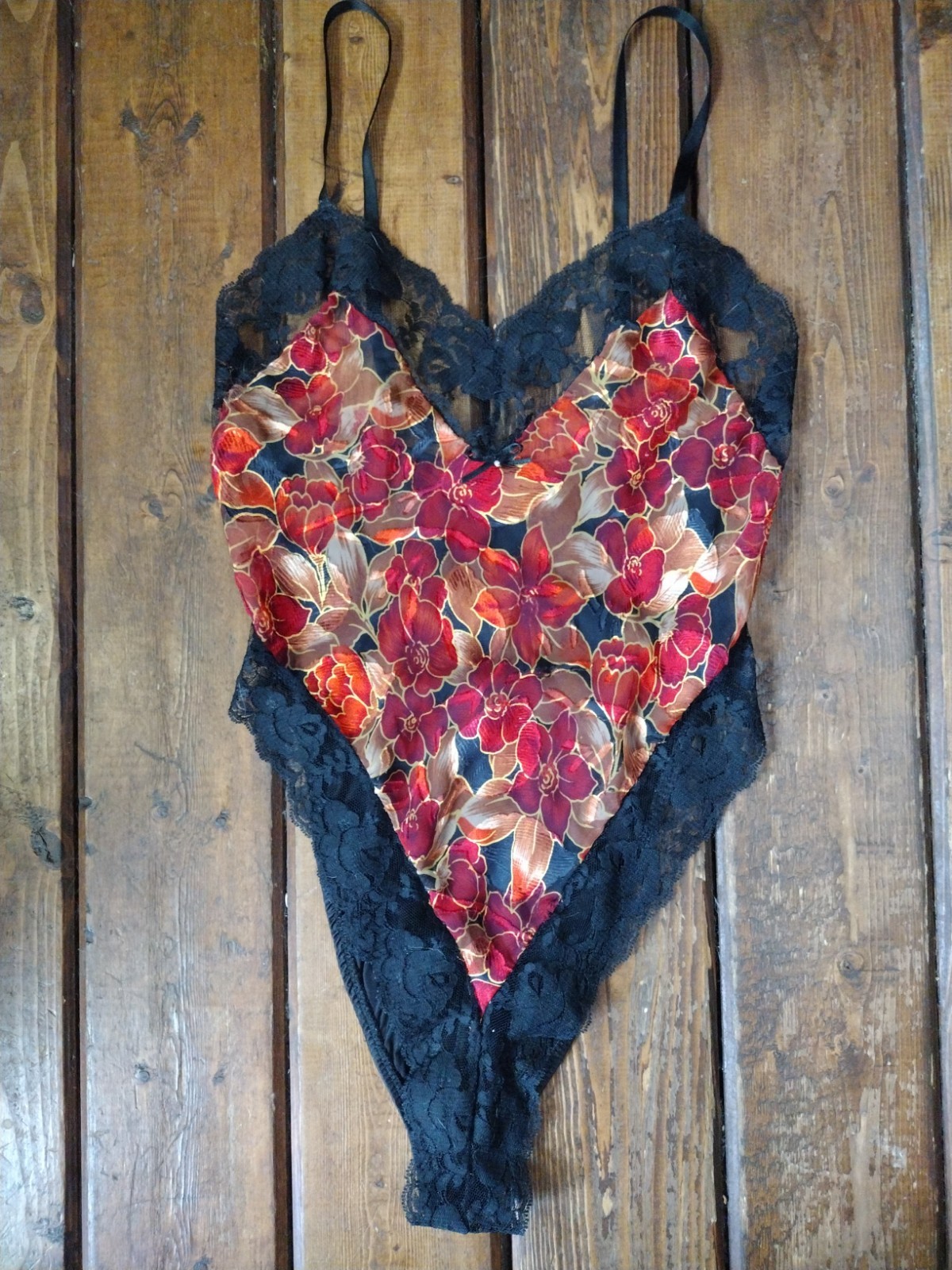 Shirley of Hollywood Vintage S/M Black & Red Floral Teddy/One-Piece Lingerie