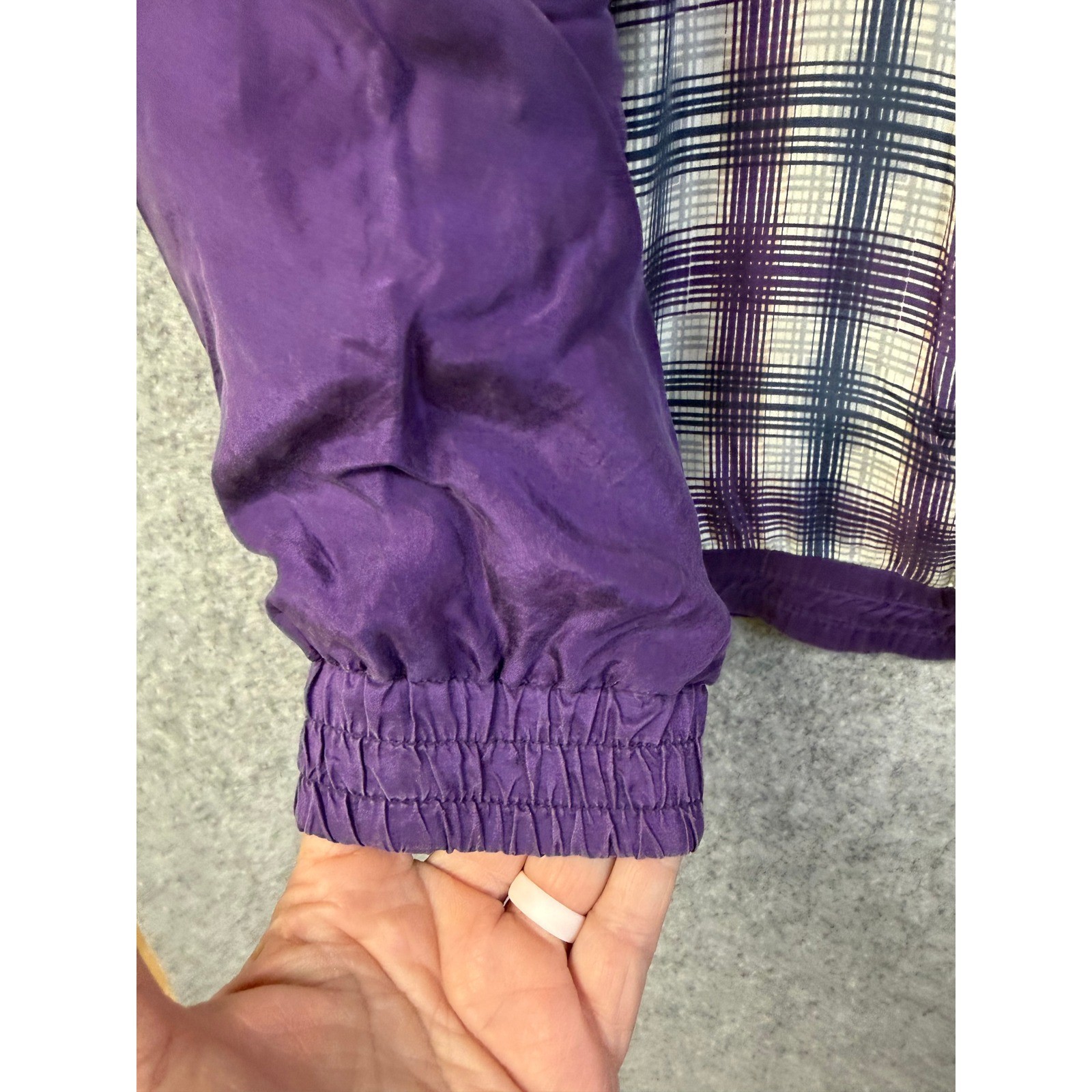 Vintage Out Brook Silk Bomber Jacket WomensMed Purple Plaid Full Zip Windbreaker