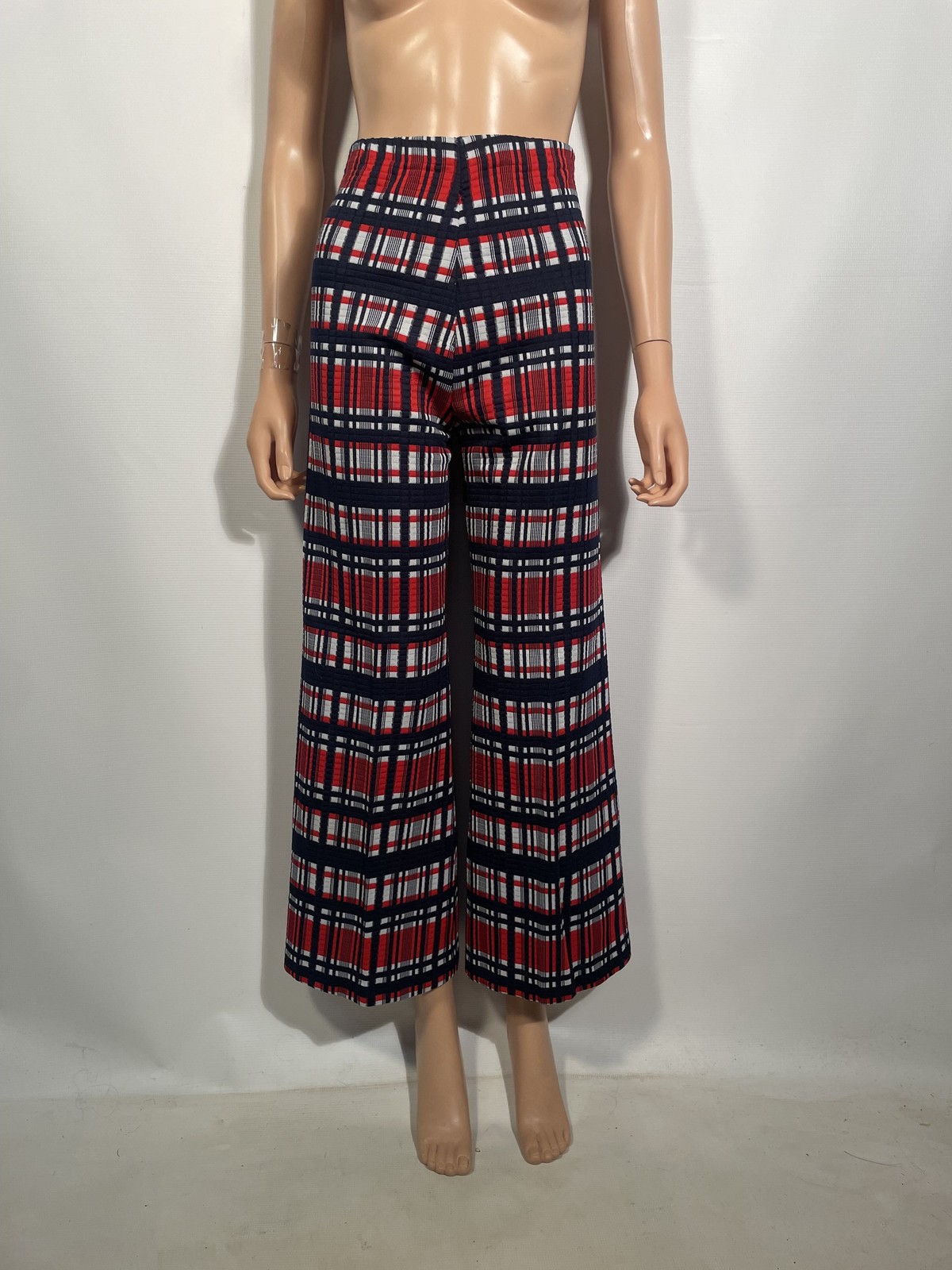 Vintage 1970s Textured Plaid Red White And Blue Flare Leg Pants Size 28×29