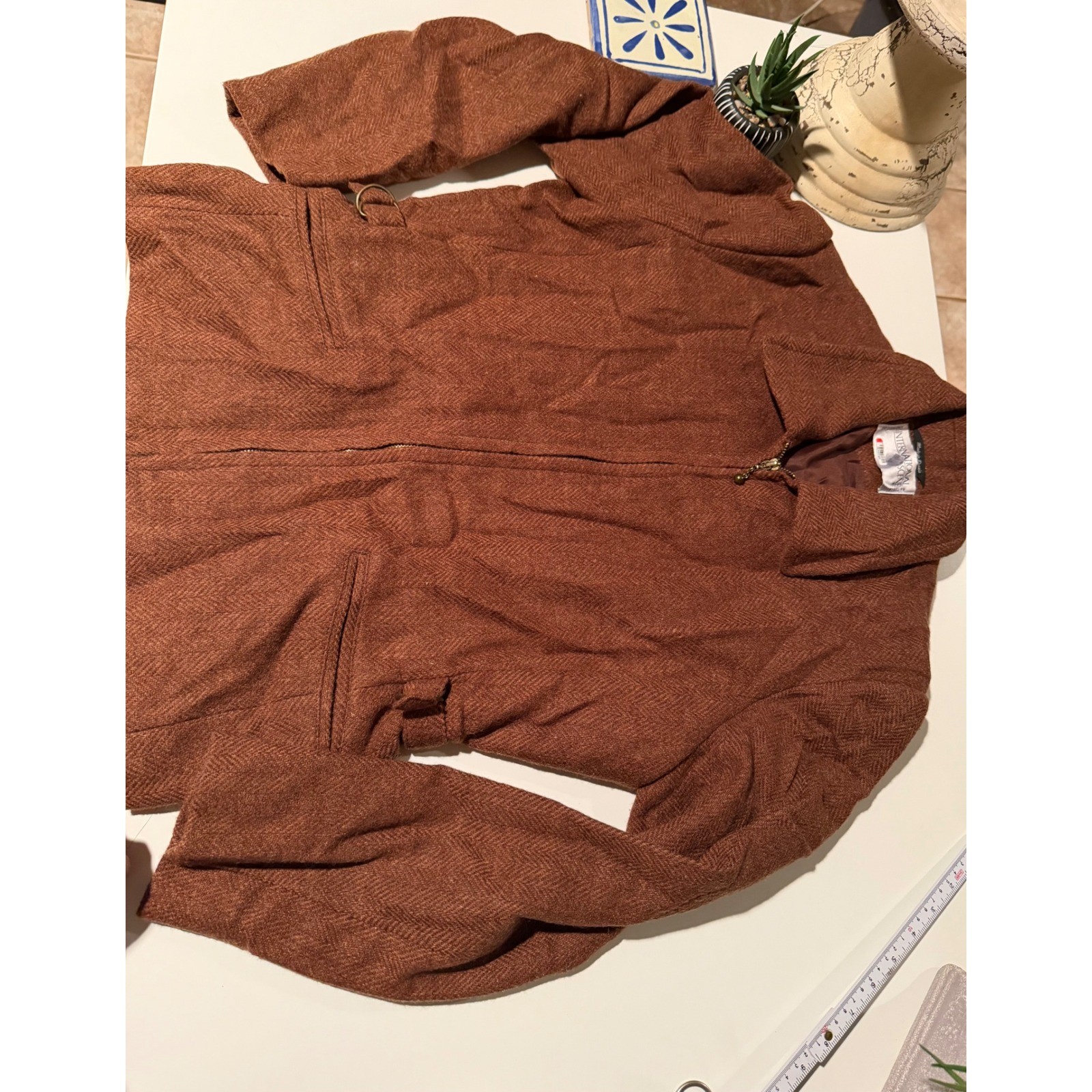 International Scene Vintage Herringbone Zip Up Jacket Rust Brown Size 10