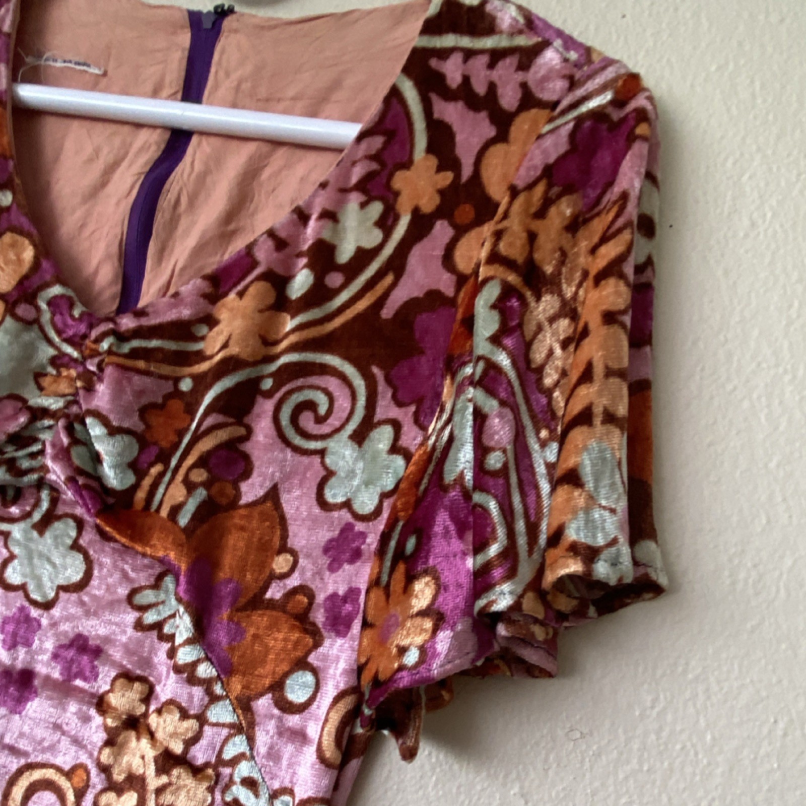 Vtg 70s MCM Boho Goddess Floral Stretch Velvet Pink Purple Maxi Dress Medium