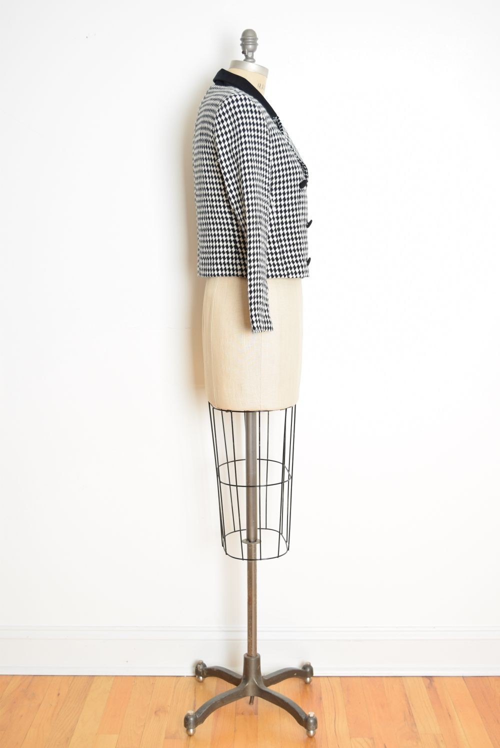 vintage 90s blazer black white diamond check cropped jacket top preppy S