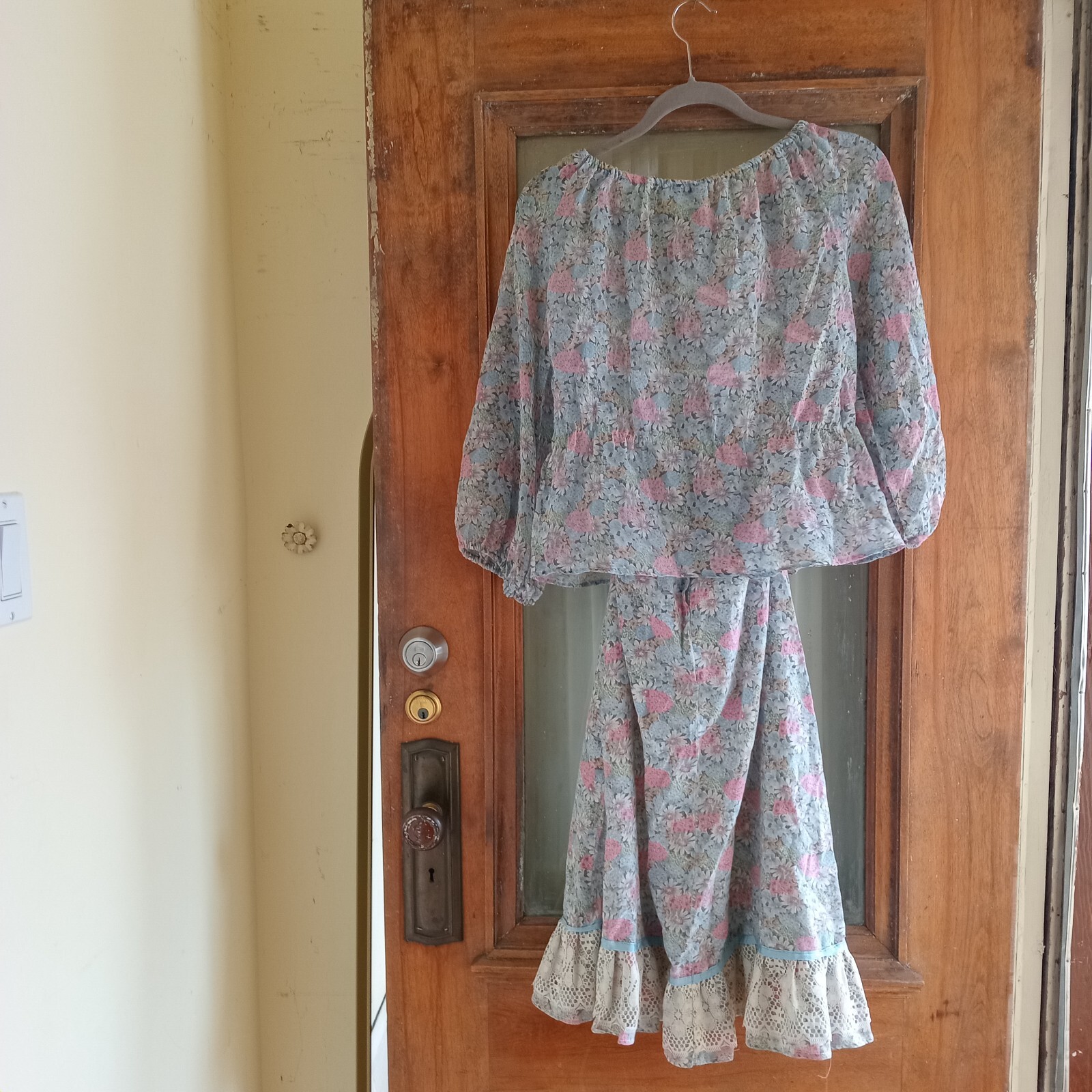 Vintage 70s Pastel Blue Floral 2 Piece Shirt Skirt Set S Hippie Boho Festival S
