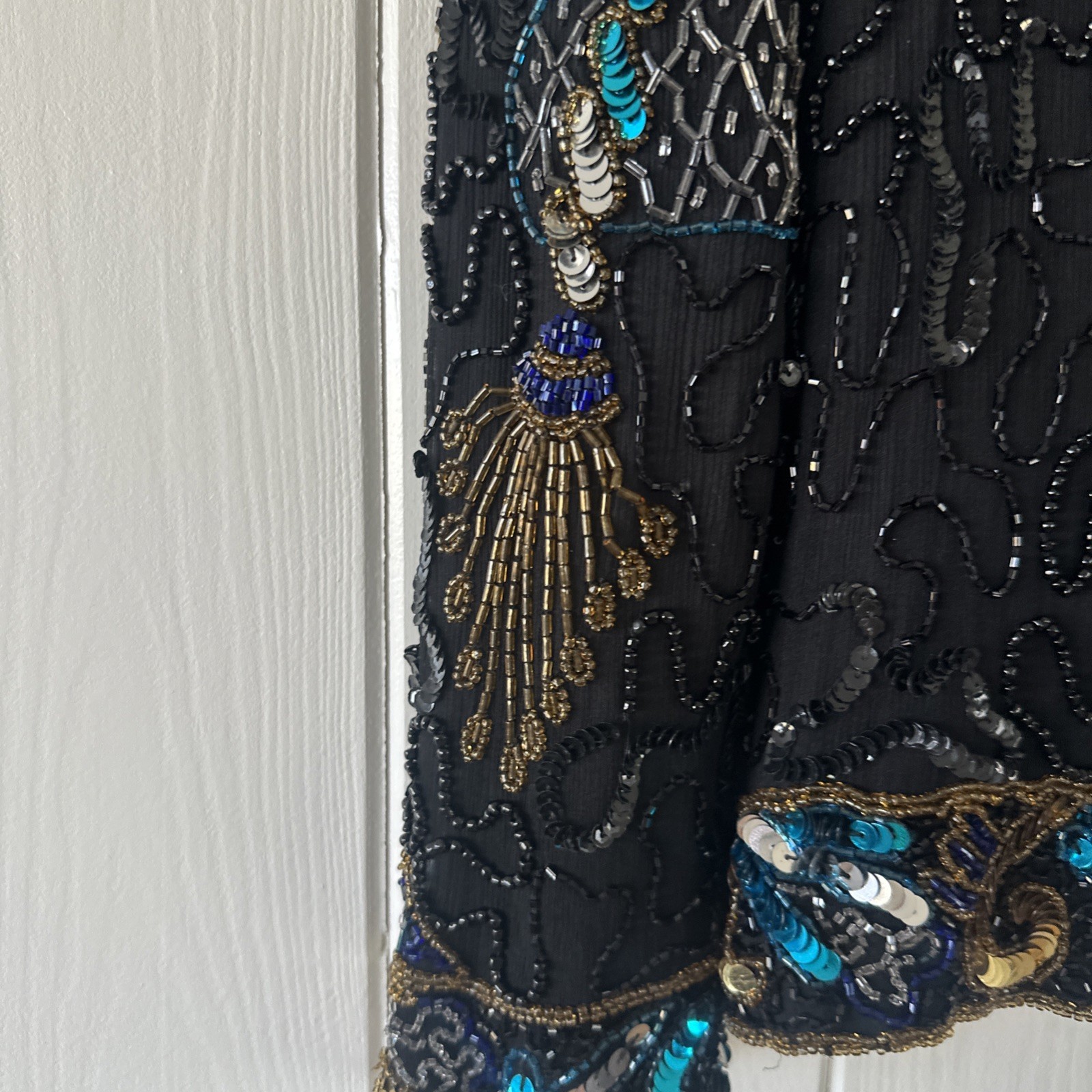 LAURENCE KAZAR Jacket 💯 Silk Lined Beaded Sequins Black Gold Large Clean