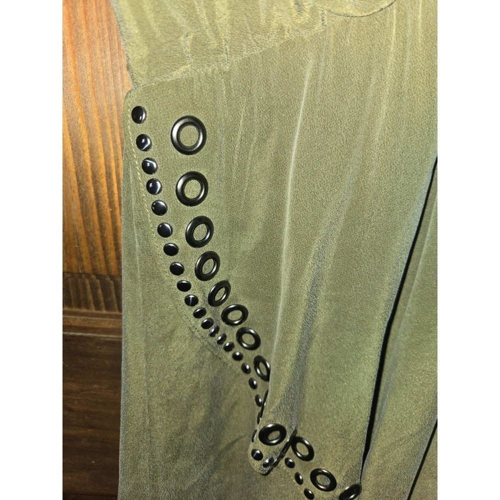 Haute Hippie Olive Green 100% Silk Grommet Studded Asymmetric Ruffle Dress Small