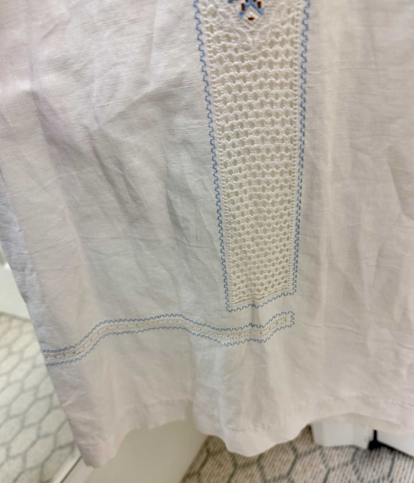 1920’s Antique Hand Embroidered Linen Chevron Lace Cottagecore Cream Lawn Dress