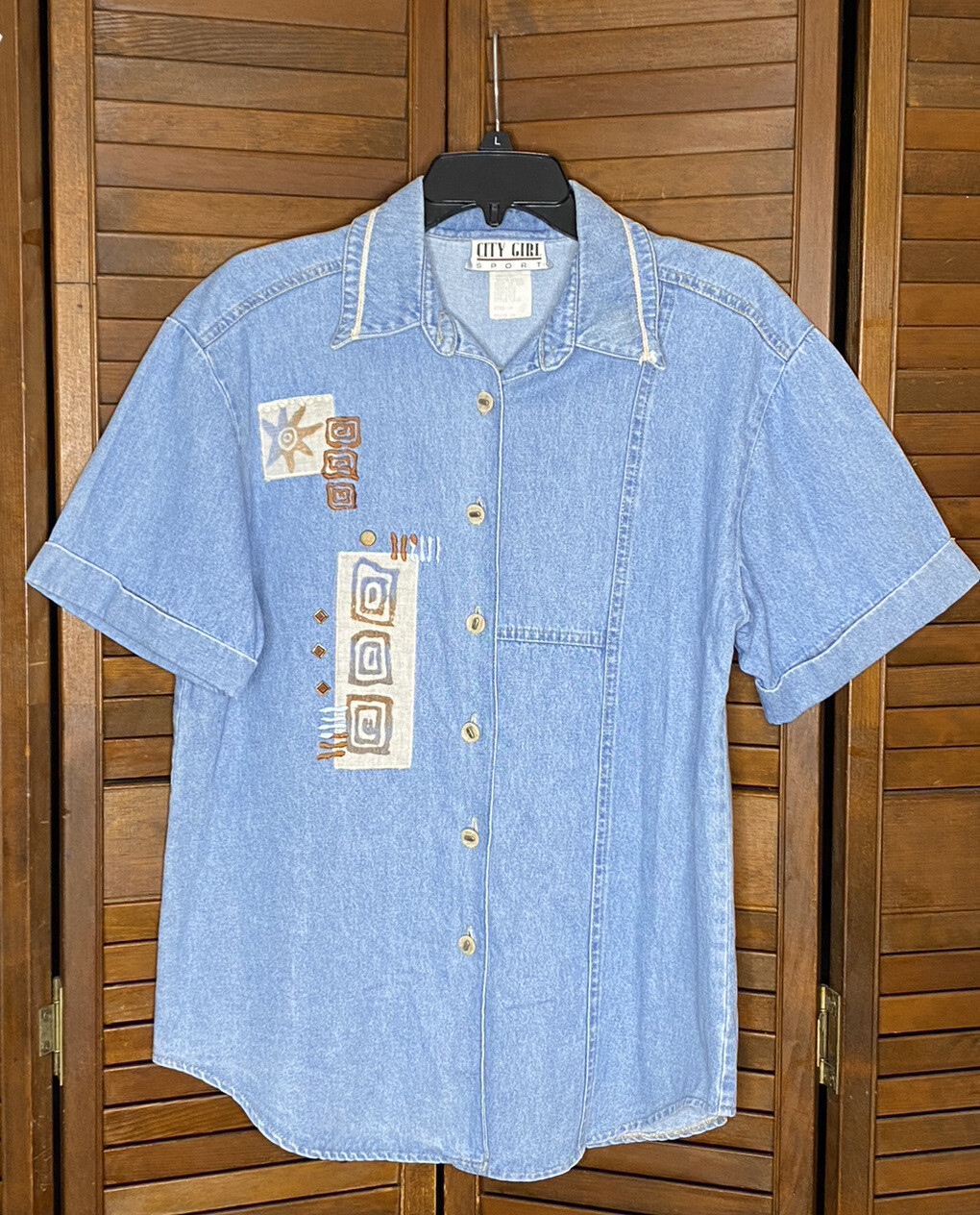 Vintage City Girl Sport Denim Western Tribal Design Shirt Womens Size 10