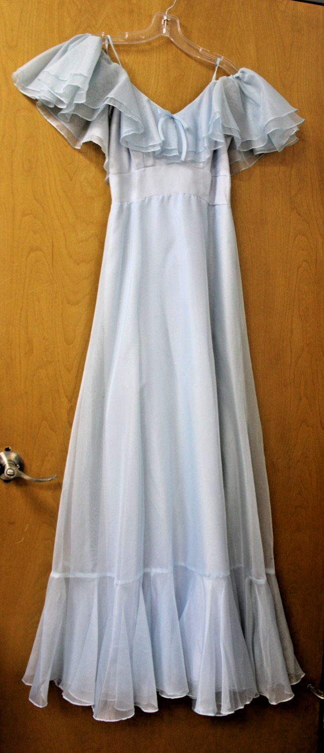 Vtg 70s Ice Blue Organza Formal Dress Off Shoulder Ruffle Tiered Prom Gown S XS