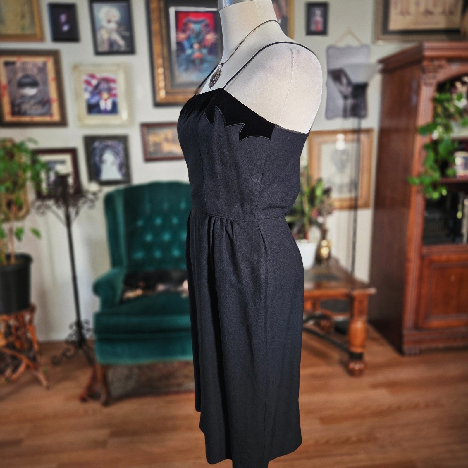Vintage 50s Black Wiggle Dress Pinup Spaghetti Strap Classic Mid Century