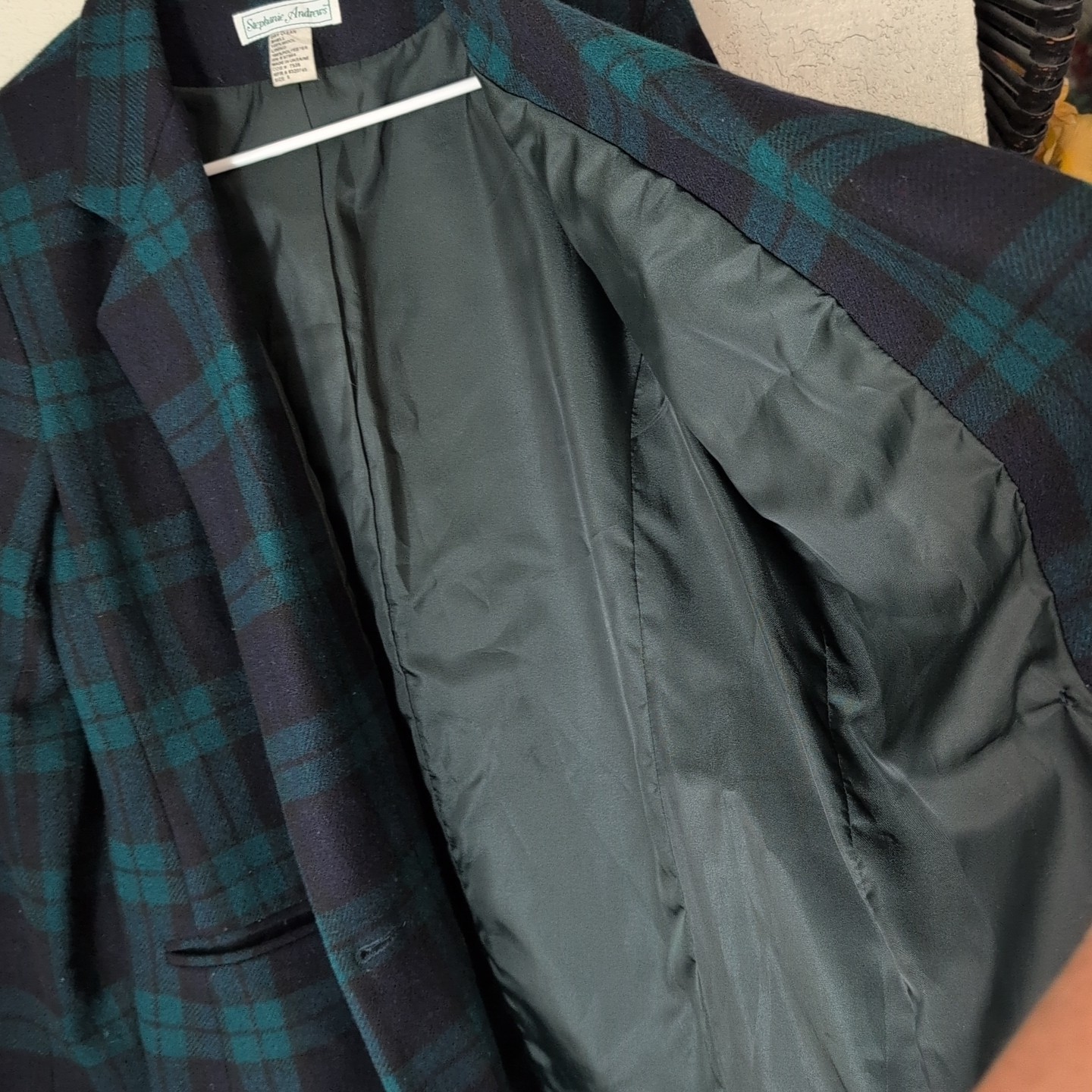 Vintage wool blazer M blue Green Plaid Shoulder Pads grunge goblin indie 80s 90s