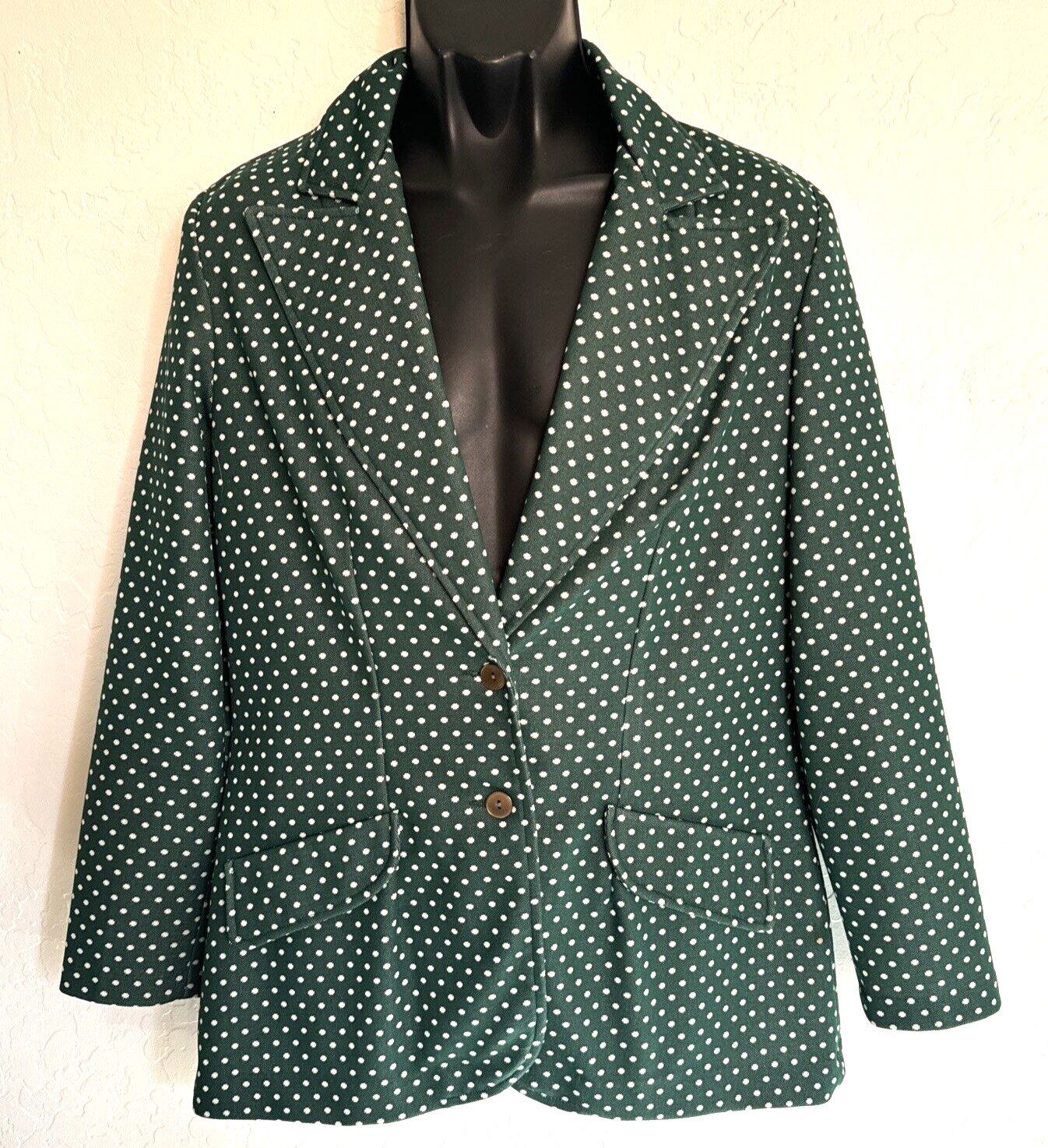 Womens Polyester Knit Blazer Jacket 14 Green White Polka Dots 60/70s Grandmacore