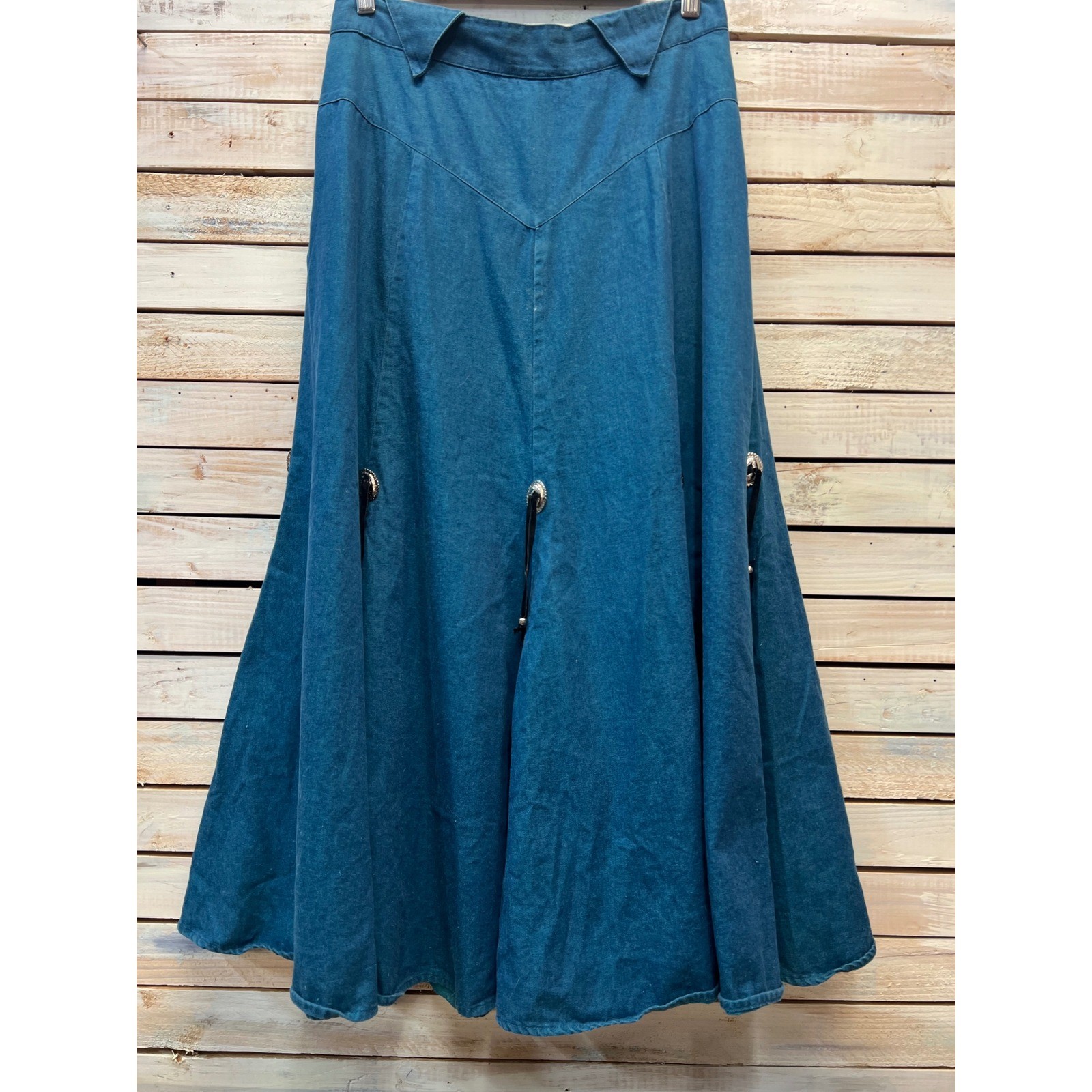 Vintage Blue Cotton Denim Maxi Skirt Western Concho Boho Full Sweep Size 12