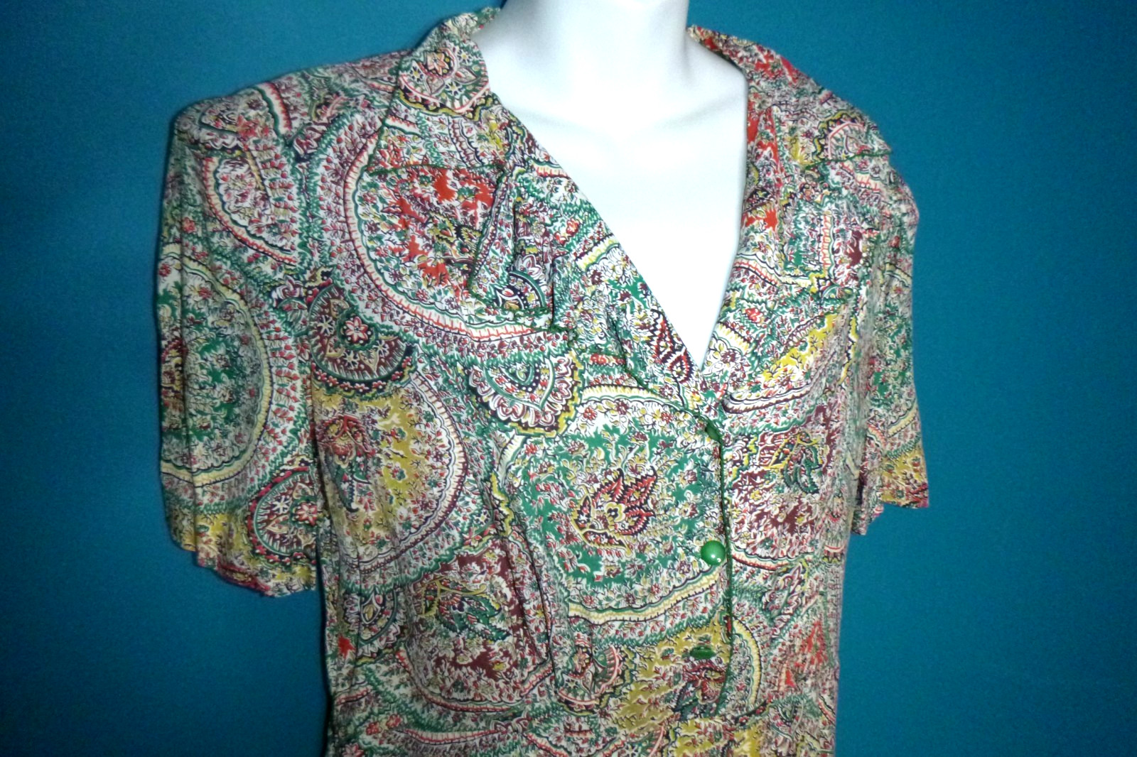 Vtg 40s 50s Georgiana Frocks Rayon Dress Paisley Green Red VOLUP Sz XL
