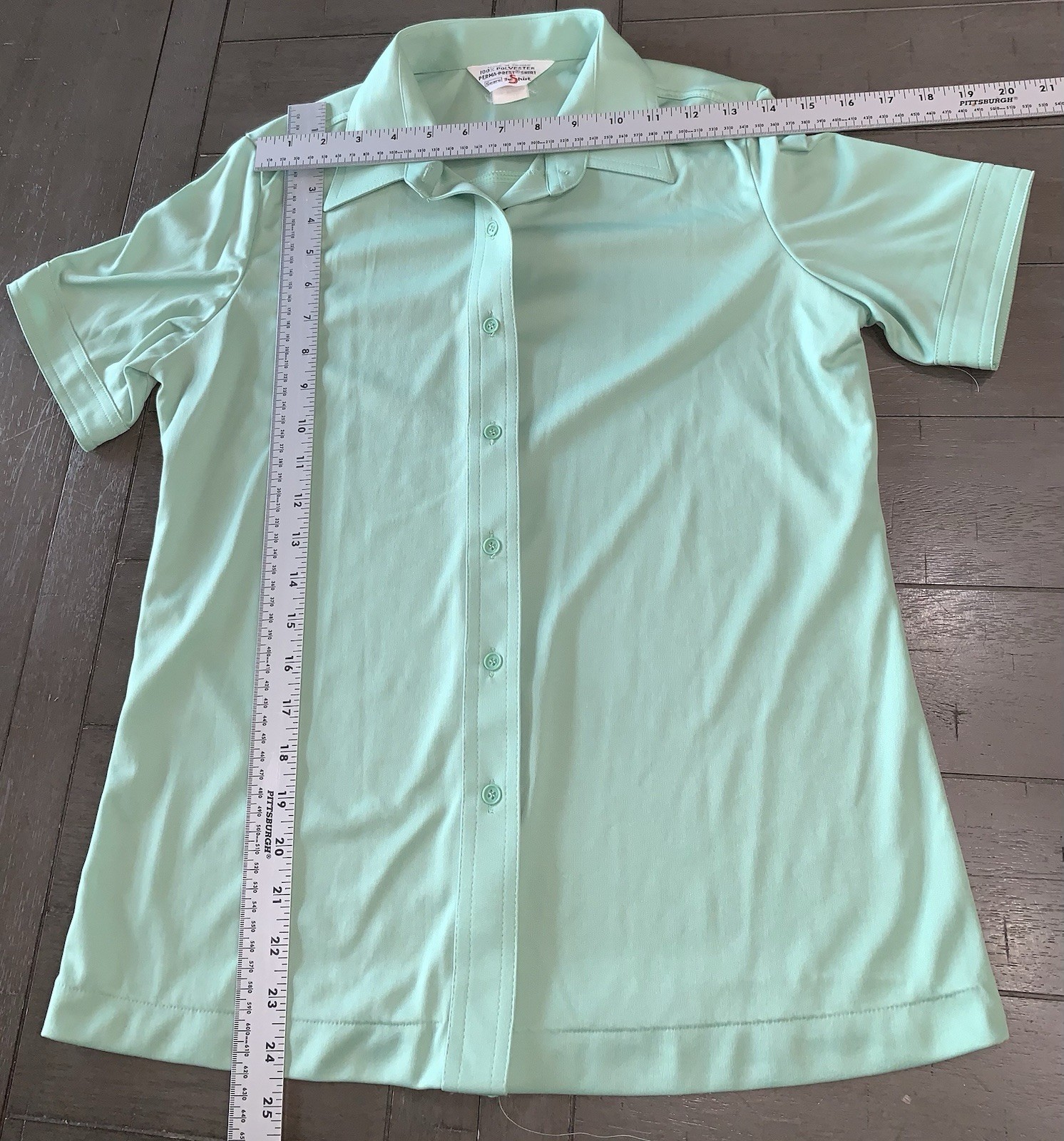 C1 80s Mint Green Button Up Blouse Short Sleeve Pointed Collar SZ 16 M/L SEARS