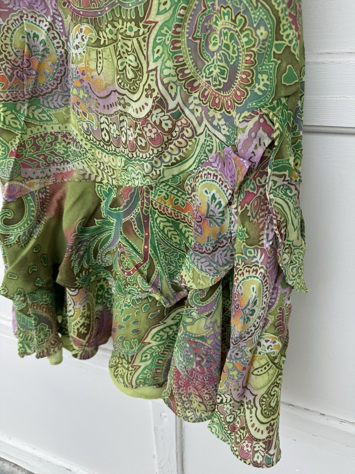 VTG Althuser Dress Viscose Green Pink Ruffled Bottom Batik Zipper Lined Sz 12