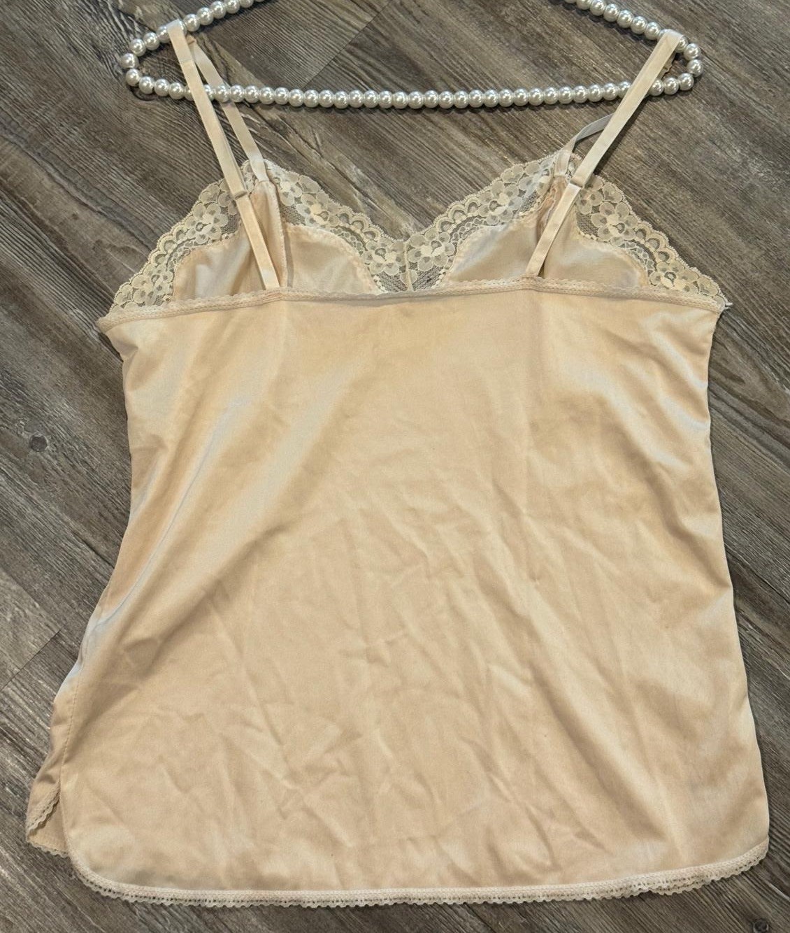 VTG 80’s Greenco Maid Women’s Beige All Nylon Tricot Floral Lace Trim Camisole L