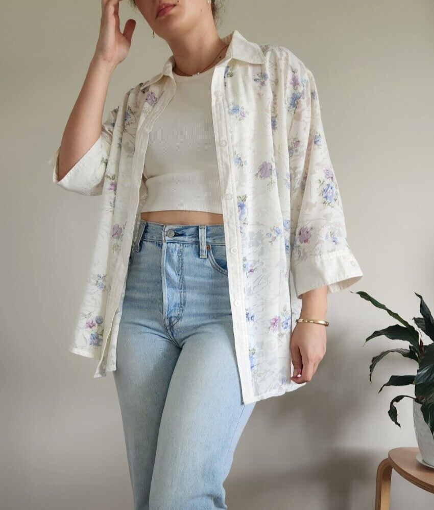 EUREKA Vintage White and Floral Button Up Shirt (Fits Size 10-14)
