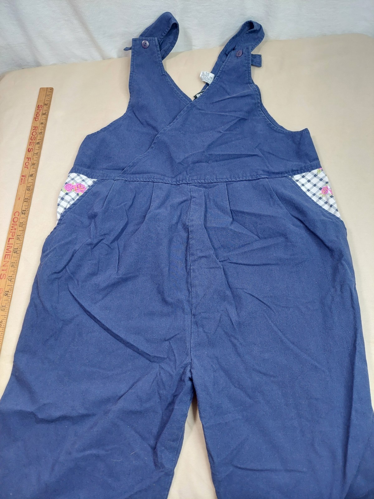 Vintage 90s Gitano Blue Jumpsuit Black White Checkered Rose Trim Overalls M Y2K