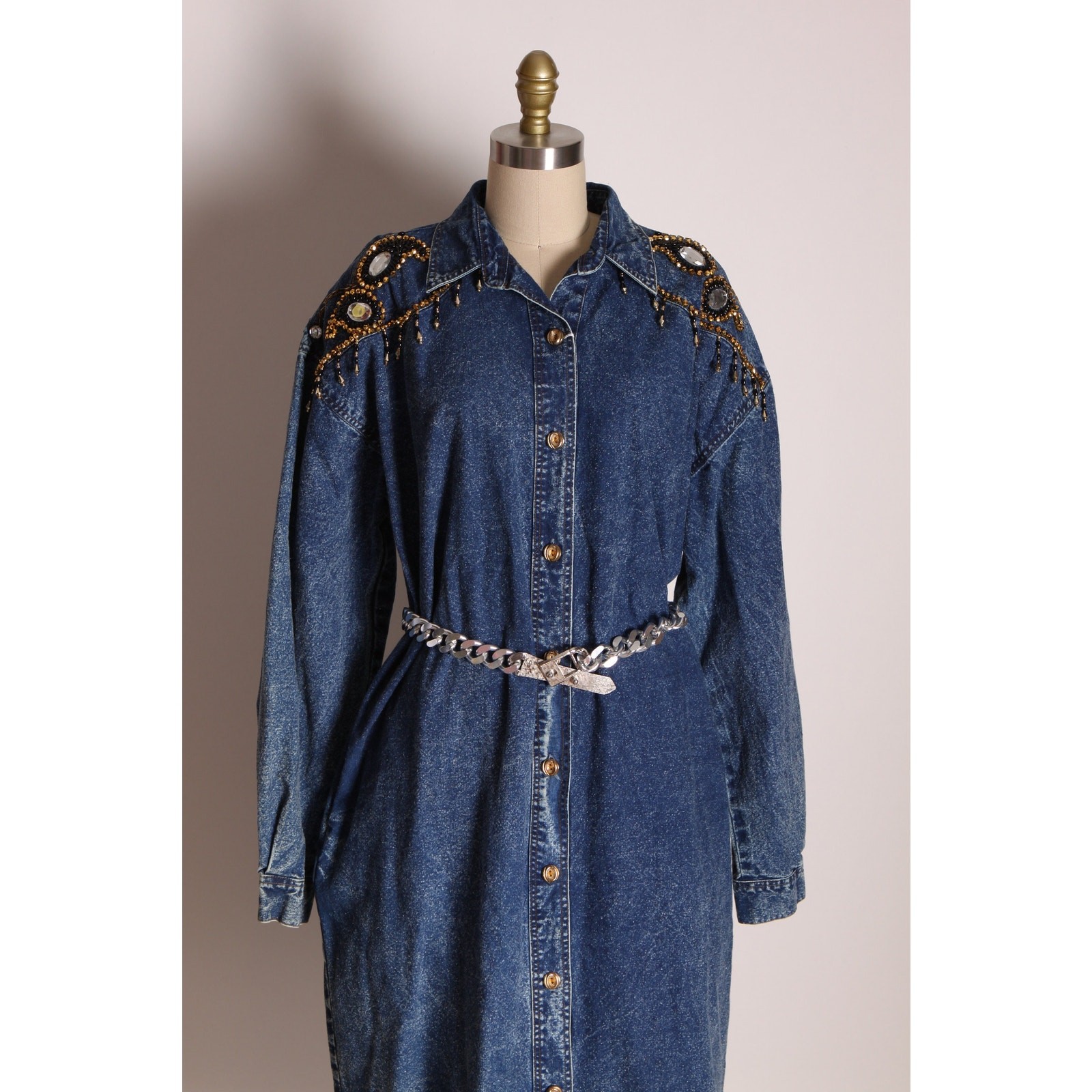 1980s Blue Denim Long Sleeve Black Gold Silver Beaded Fringe Bedazzled Dress