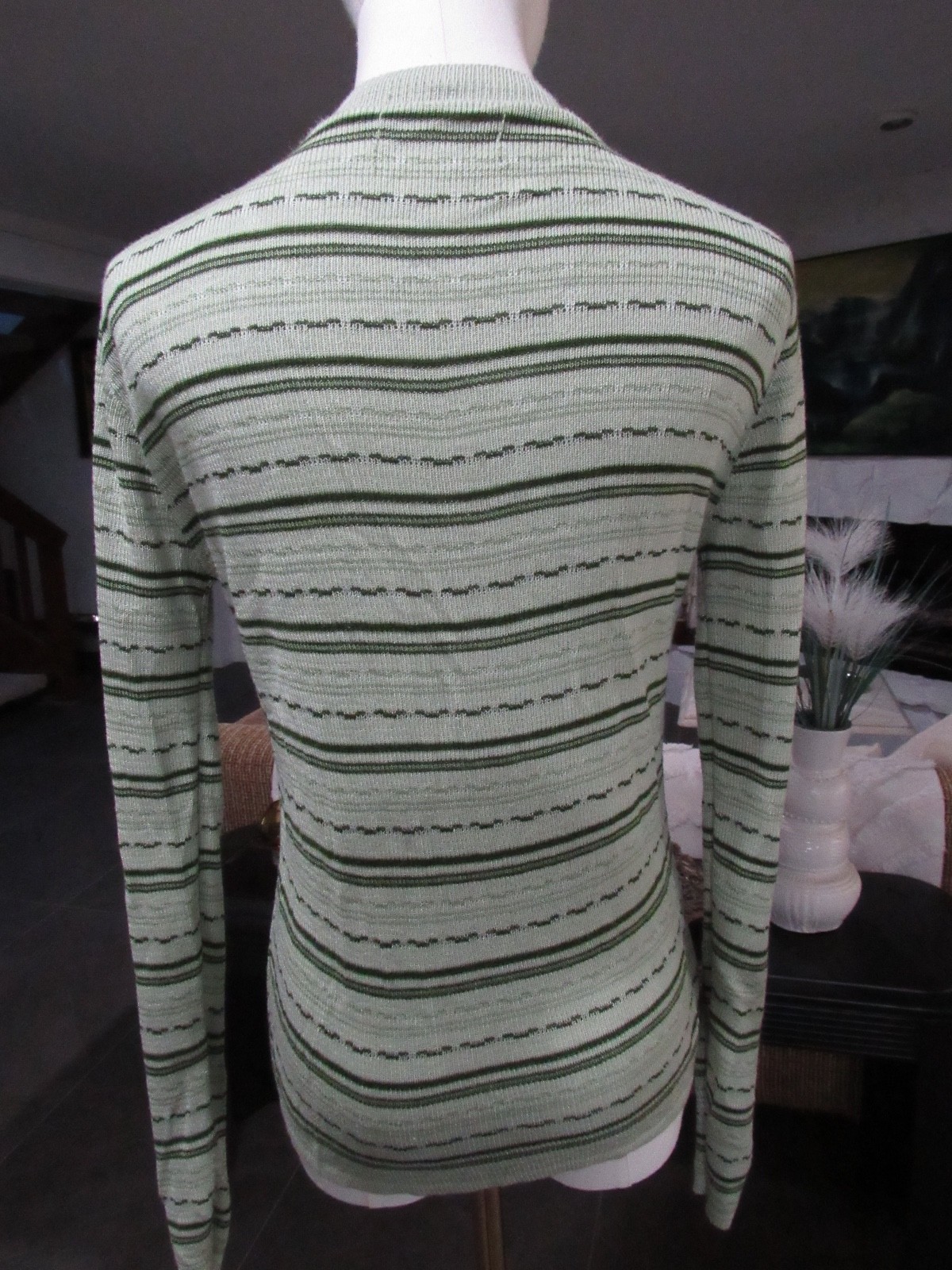 VTG 70s 90s Y2K Top Green Striped Disco V Neck Grunge Hippie Boho M SWEATER mod