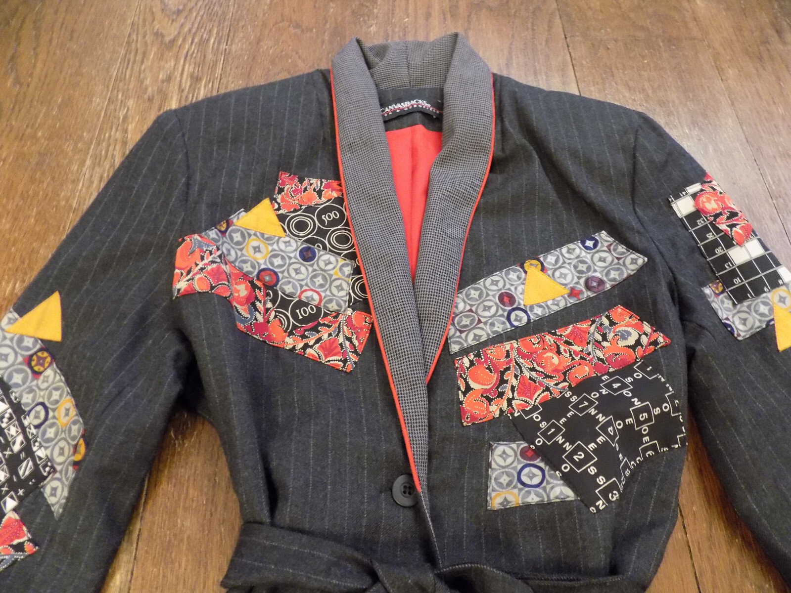 Vtg Canvasbacks Art to Wear Patchwork Blazer Pinstripe Gray Belt Suit Jacket XS