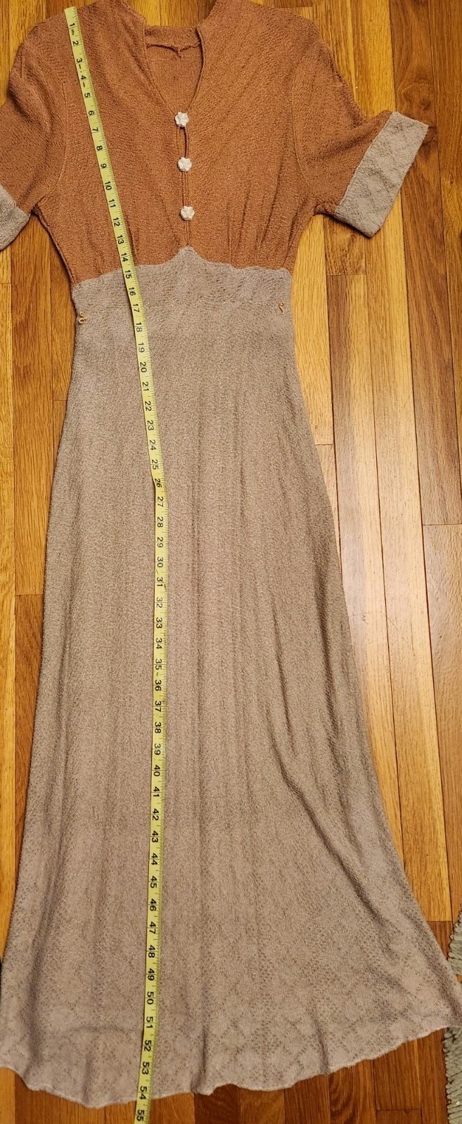 Vintage 1930s Two Tone Tan Knit Rayon Dress S