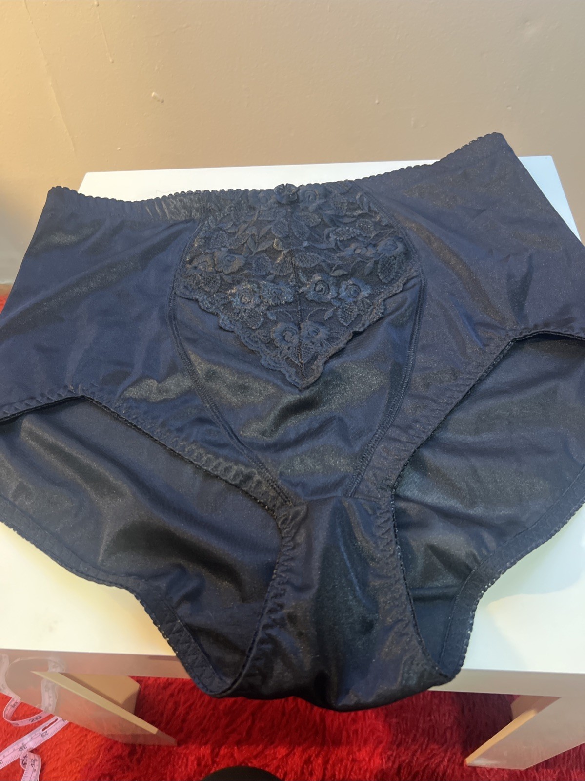 Vtg Delta Burke Panties Black Shiny Satin Lace Brief Second Skin Sz 10 3XL