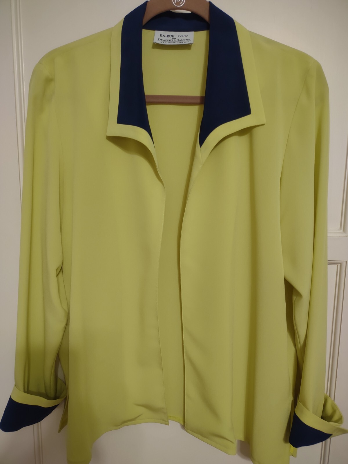 Vintage Da-Ru For Drapers & Damons Open Shirt Jacket Blouse Green Navy Accents