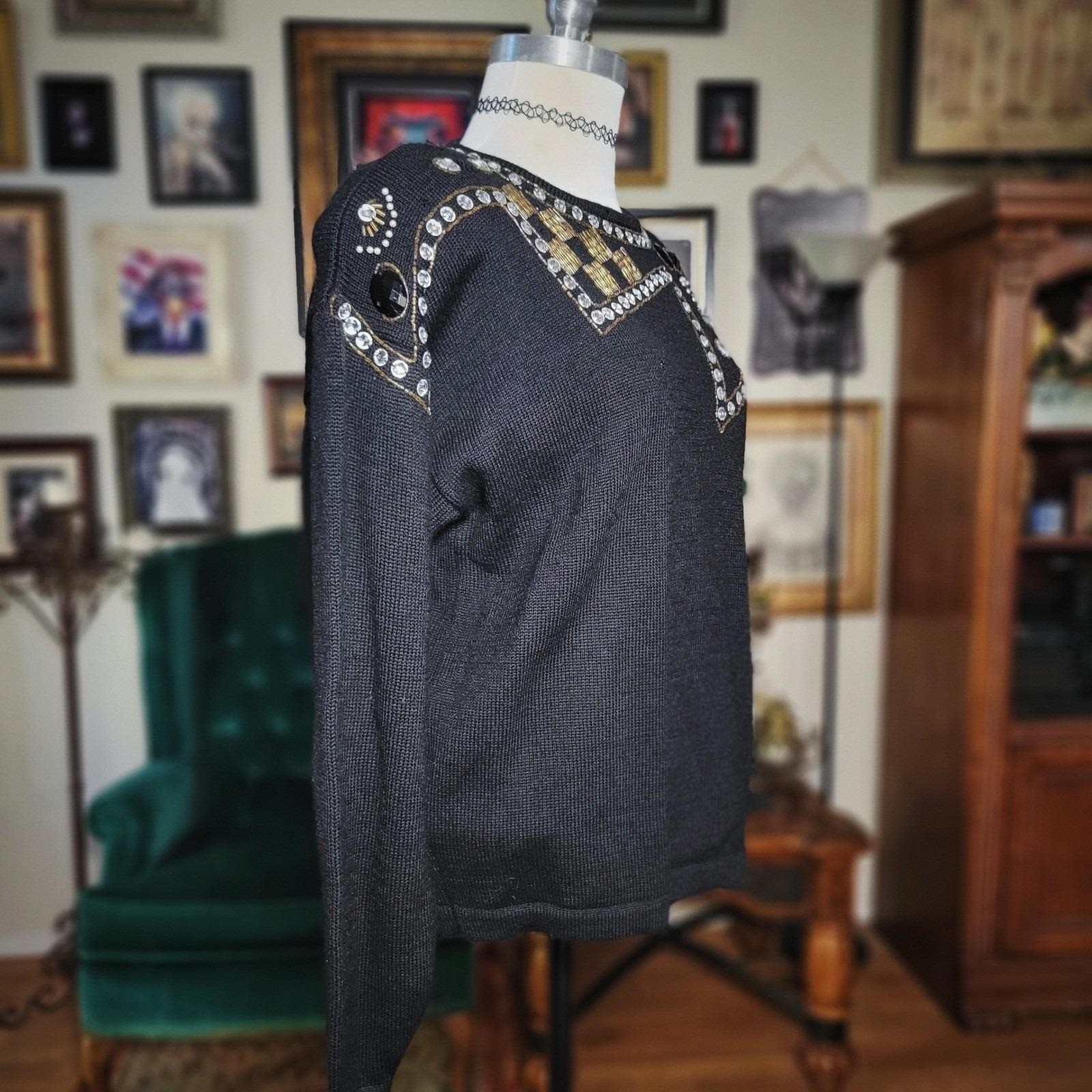 Cervelle Wool Sweater Vintage 80s Beaded Embellished Black Knit Top Large 6470C