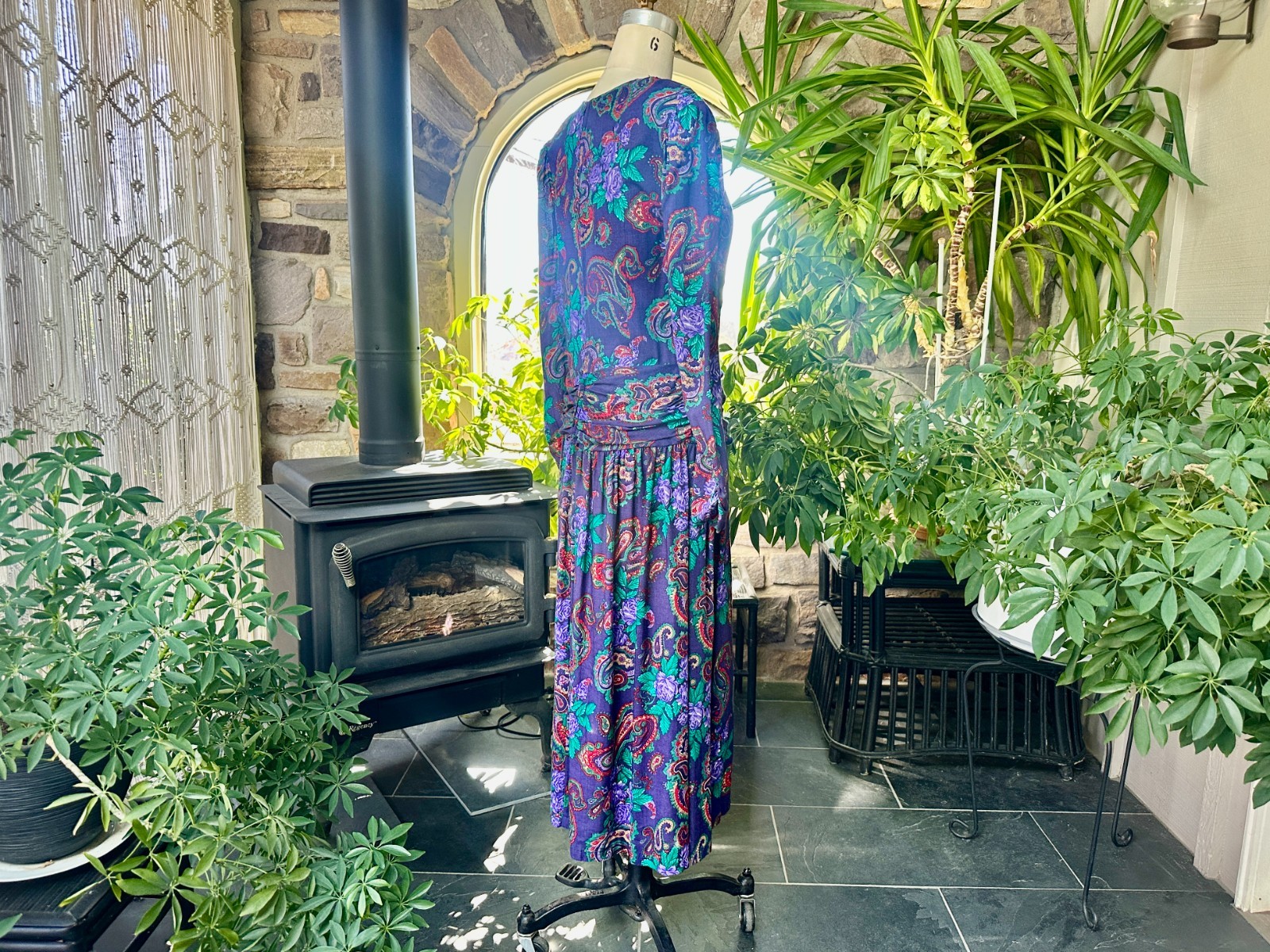 Vintage 1980s Purple Green and Red Paisley Rayon Dress Expo