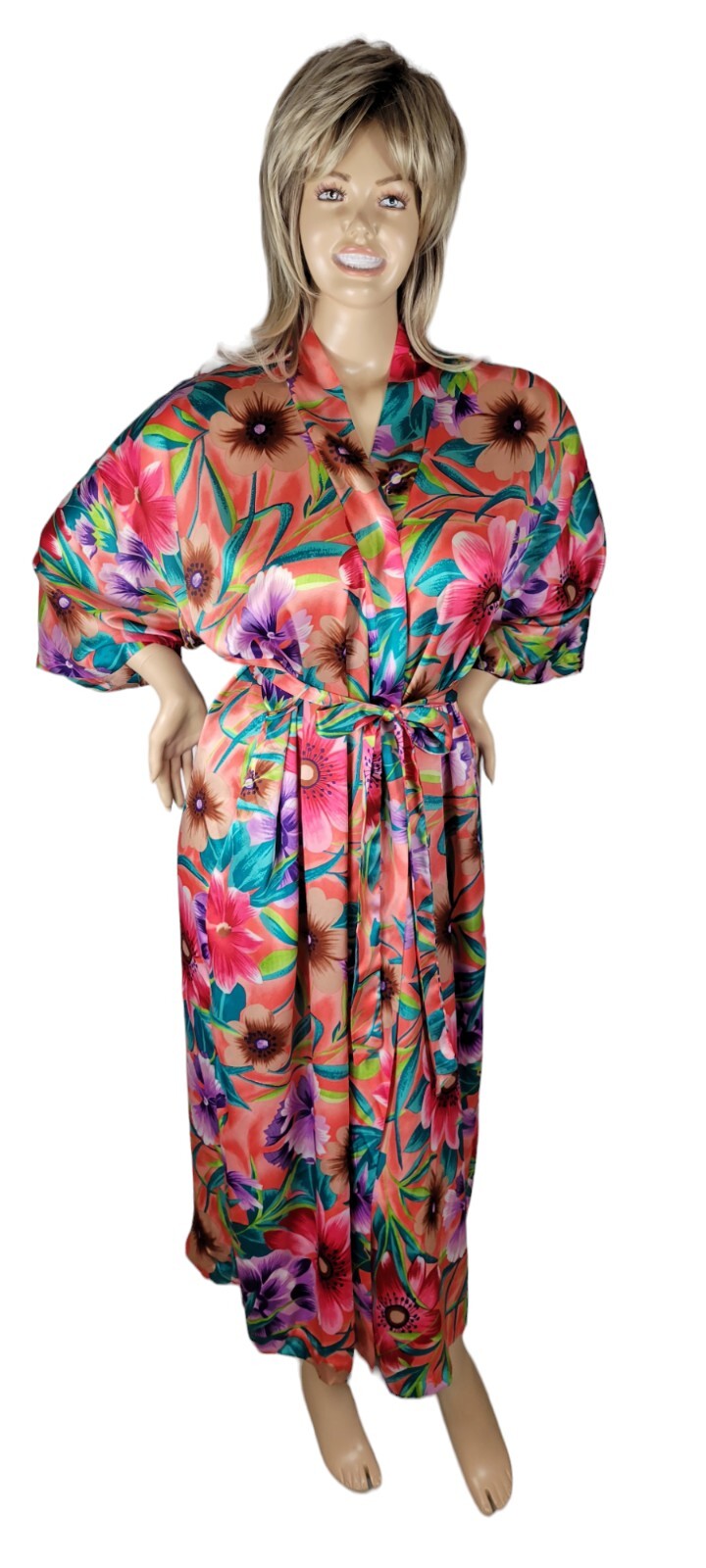 Vtg Sears Just For Women Tropical Floral Satin Maxi Caftan Kimono Robe One Size