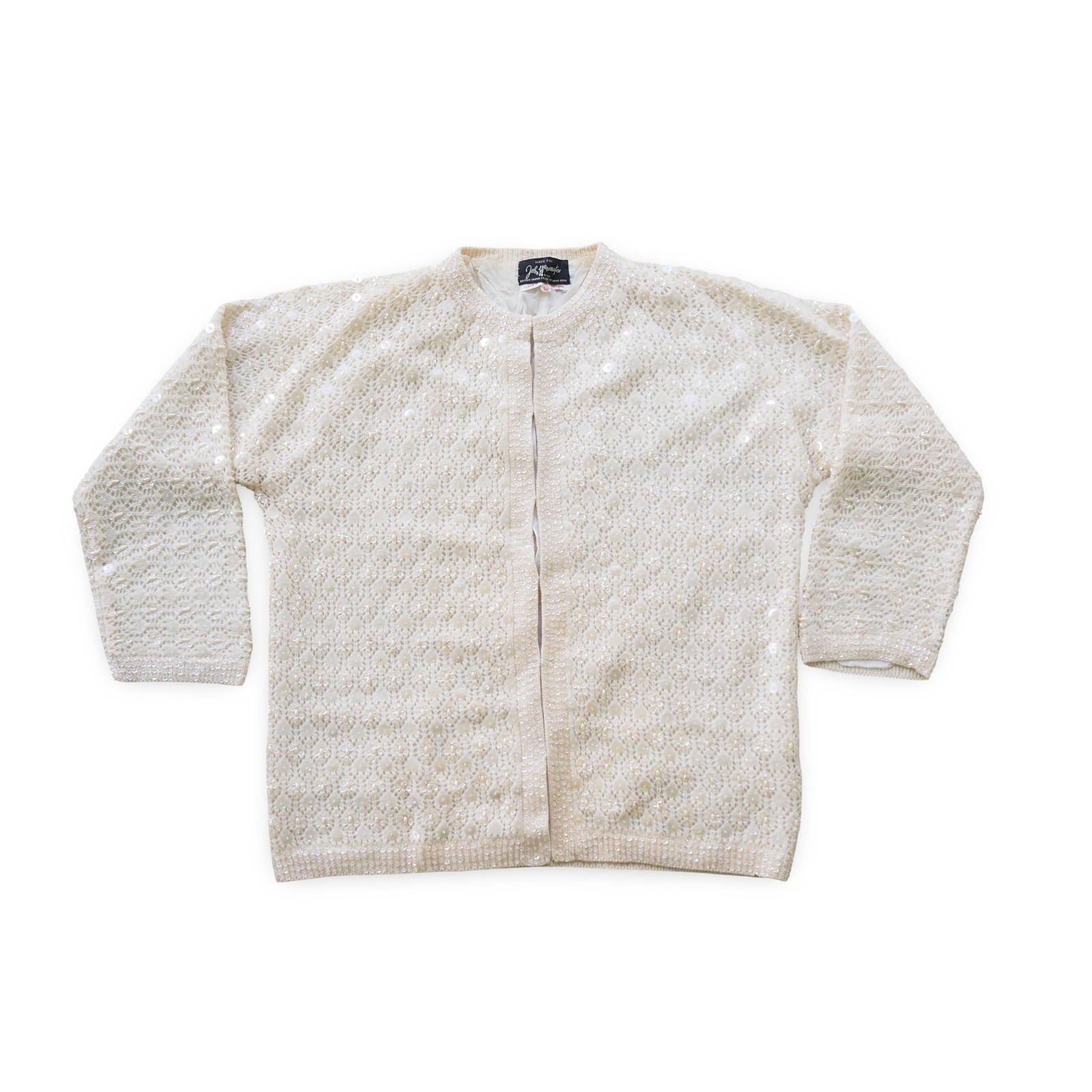 John Wanamaker Vintage Beaded Sequin Cardigan Women’s 38 Ivory Wool Open Front
